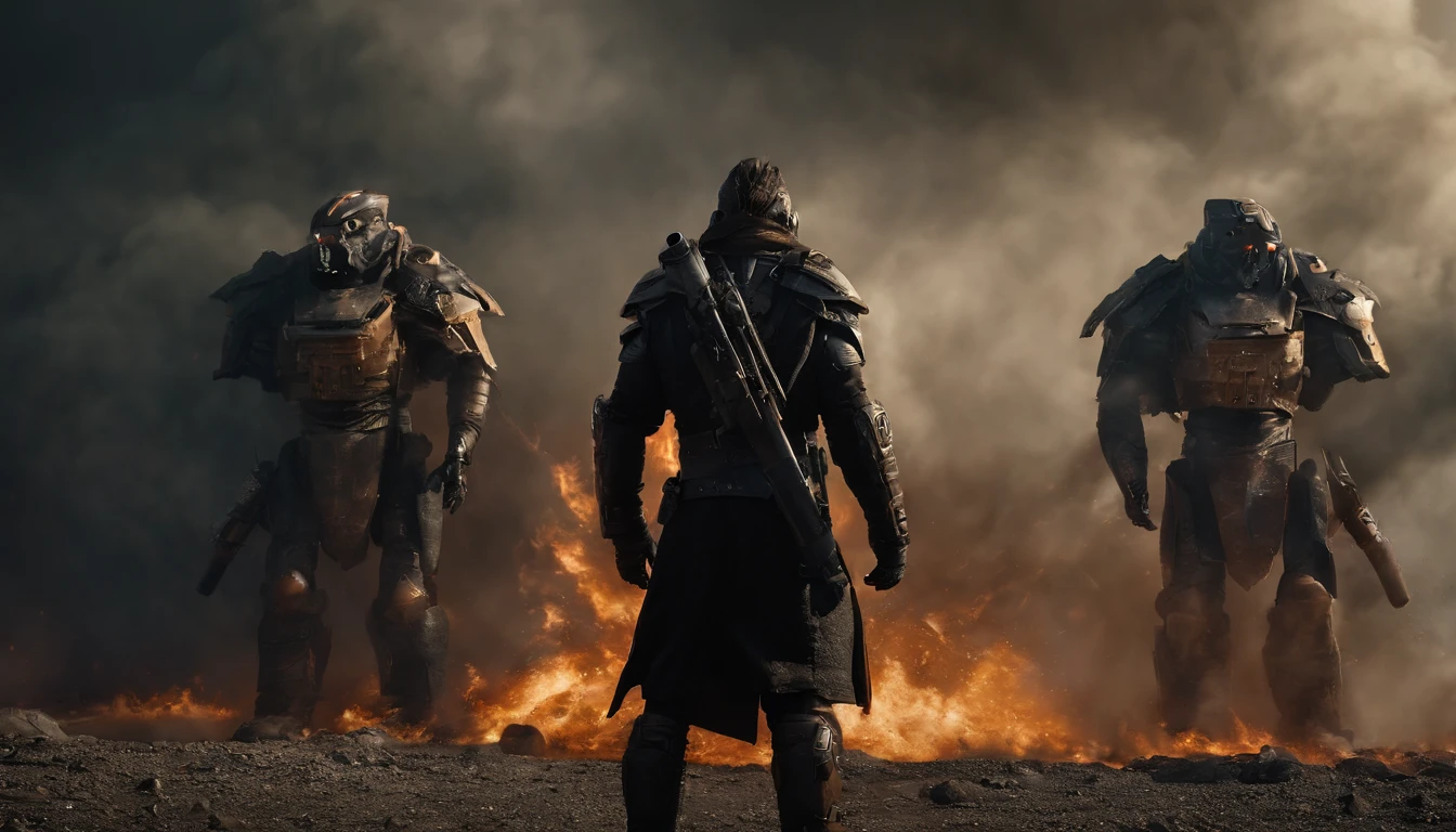two warriors silhouettes standing in front of a massive Cerberus aggressively standing 100feet tall, located in a battlefield , concept art wallpaper 4k, sci-fi fantasy wallpaper, sci fi artwork, detailed sci-fi art, beautiful sci fi art, spaceships in the cloudy sky, concept art artwork masterpiece, concept art 4k, concept art 4 k, sci fi concept art, mystical sci-fi concept art, fire, explosions, debris, dirty