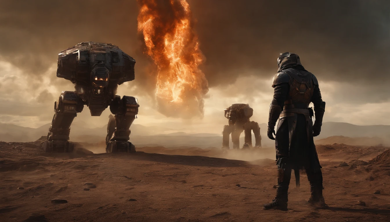 two warriors silhouettes standing in front of a massive Cerberus aggressively standing 100feet tall, located in a battlefield , concept art wallpaper 4k, sci-fi fantasy wallpaper, sci fi artwork, detailed sci-fi art, beautiful sci fi art, spaceships in the cloudy sky, concept art artwork masterpiece, concept art 4k, concept art 4 k, sci fi concept art, mystical sci-fi concept art, fire, explosions, debris, dirty