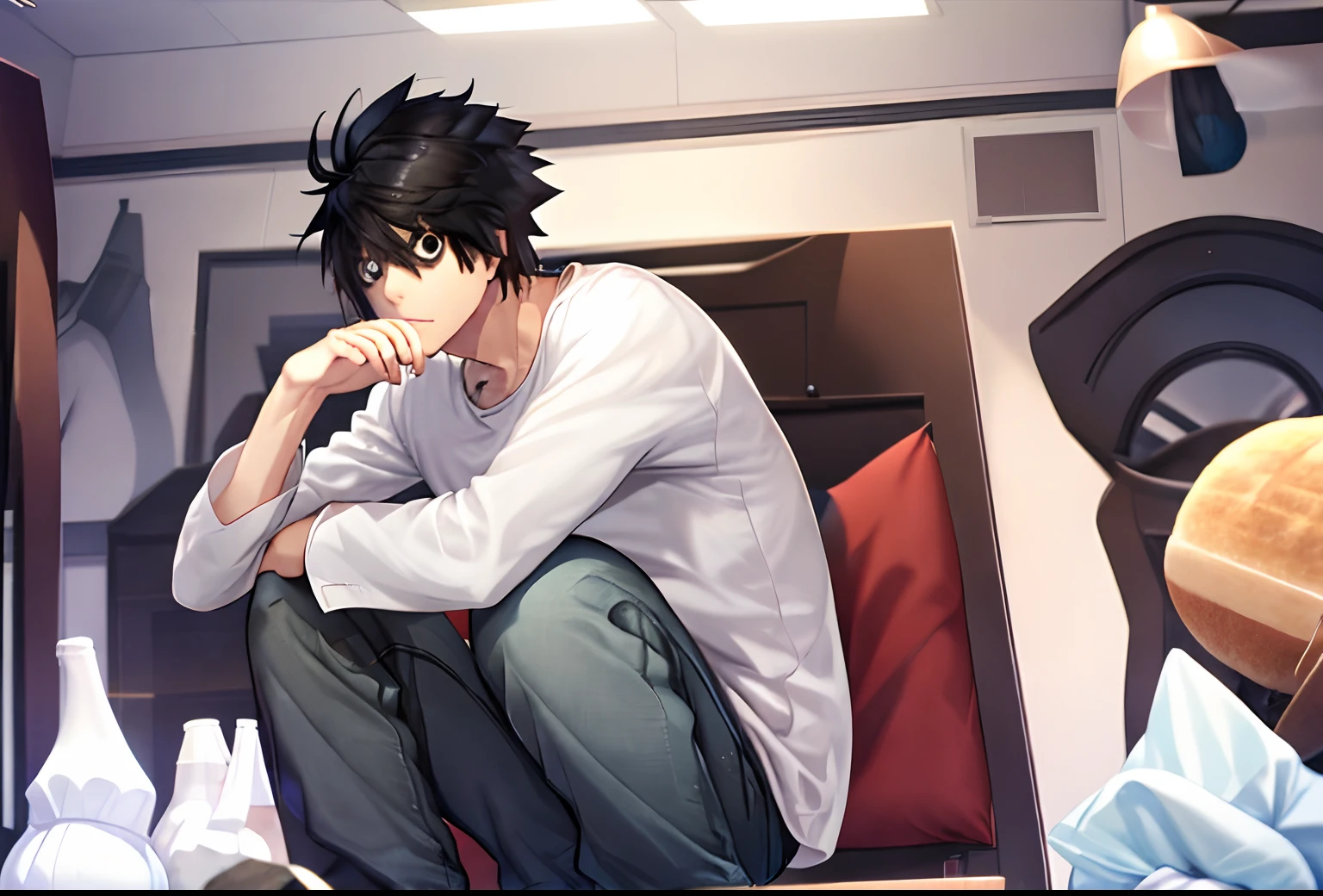 l lawliet, solo, looking at viewer, anime, spiked hair, black hair, 1boy, shirts, bags under eyes, long sleeved shirt, indoors, pants, black eyes, male focus, white shirt,