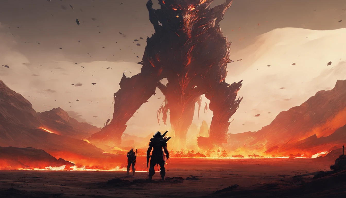 two warriors silhouettes standing in front of a massive Cerberus aggressively standing 100feet tall, located in a battlefield , concept art wallpaper 4k, sci-fi fantasy wallpaper, sci fi artwork, detailed sci-fi art, beautiful sci fi art, spaceships in the cloudy sky, concept art artwork masterpiece, concept art 4k, concept art 4 k, sci fi concept art, mystical sci-fi concept art, fire, explosions, debris, dirty