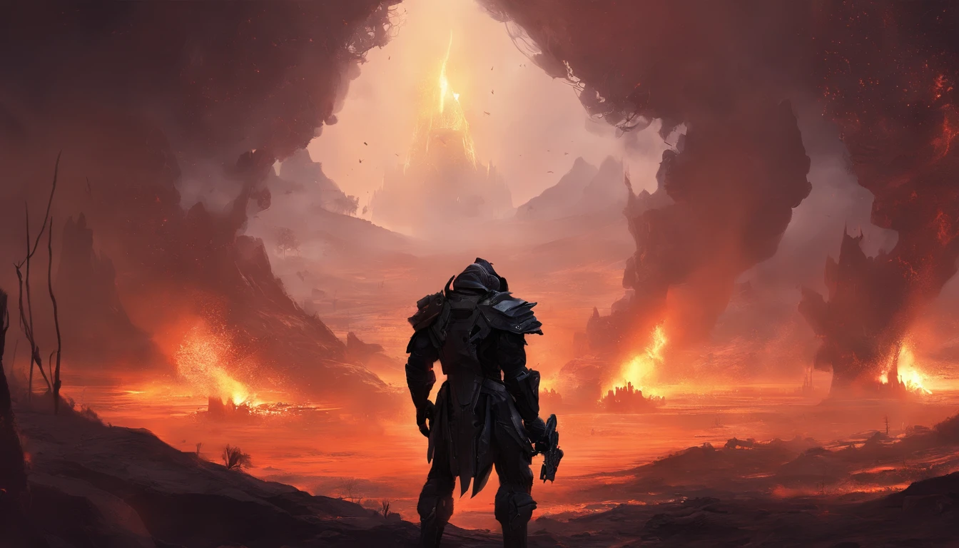 two warriors silhouettes standing in front of a massive Cerberus aggressively standing 100feet tall, located in a battlefield , concept art wallpaper 4k, sci-fi fantasy wallpaper, sci fi artwork, detailed sci-fi art, beautiful sci fi art, spaceships in the cloudy sky, concept art artwork masterpiece, concept art 4k, concept art 4 k, sci fi concept art, mystical sci-fi concept art, fire, explosions, debris, dirty