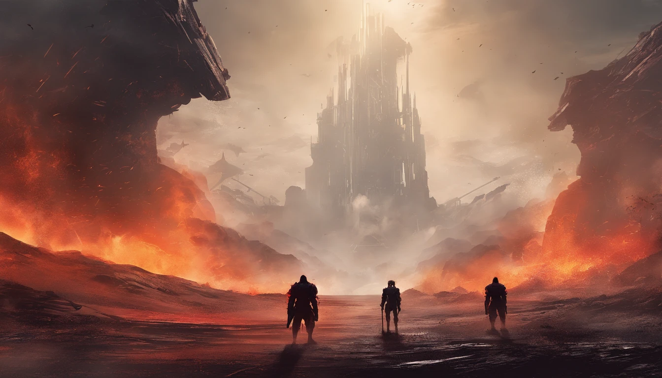 two warriors silhouettes standing in front of a massive Cerberus aggressively standing 100feet tall, located in a battlefield , concept art wallpaper 4k, sci-fi fantasy wallpaper, sci fi artwork, detailed sci-fi art, beautiful sci fi art, spaceships in the cloudy sky, concept art artwork masterpiece, concept art 4k, concept art 4 k, sci fi concept art, mystical sci-fi concept art, fire, explosions, debris, dirty
