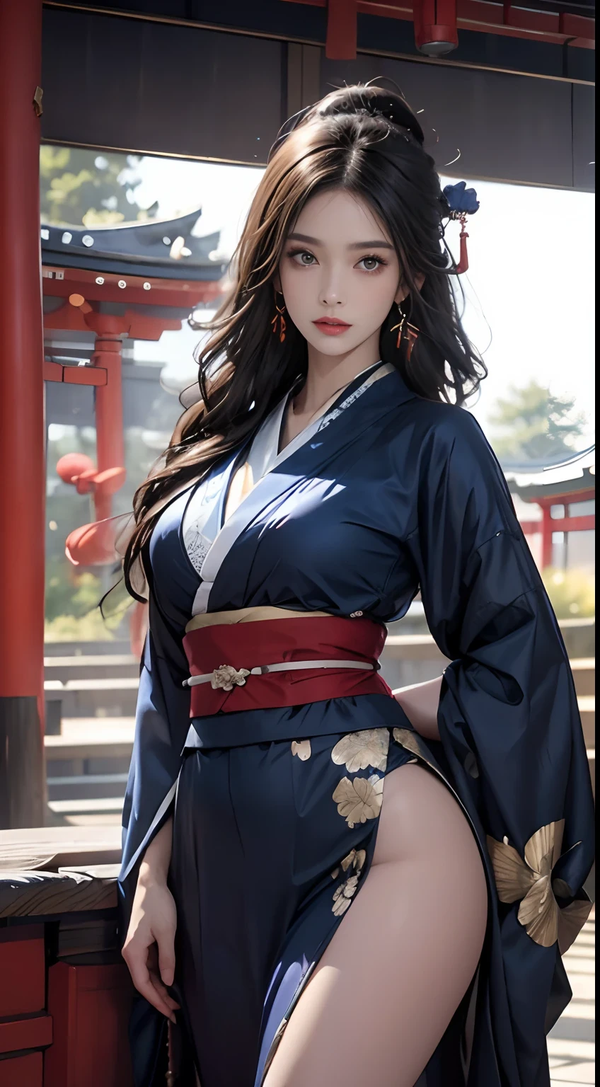Shrine of Japan、Wearing a dark blue kimono、Unreal Engine:1.4,nffsw,best qualtiy:1.4, Photorealista:1.4, Skin Texture:1.4, ​masterpiece:1.8, 1 Women, hips up high, beautidful eyes, The long-haired, Ringed Eyes, jewely, The tattoo, Kimono