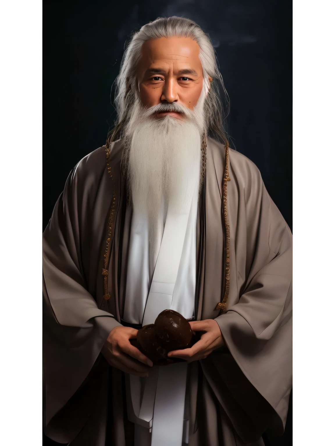 Arad man，Has a long white beard and a white shirt，Take the doughnut, inspired by Wu Daozi, Taoist, Taoist master, Daoism, white daoist robes, Long white hair and white beard, taoist robe, Inspired by Hu Zaobin, ancient japanese monk, mingchen shen, wearing a long flowing robe