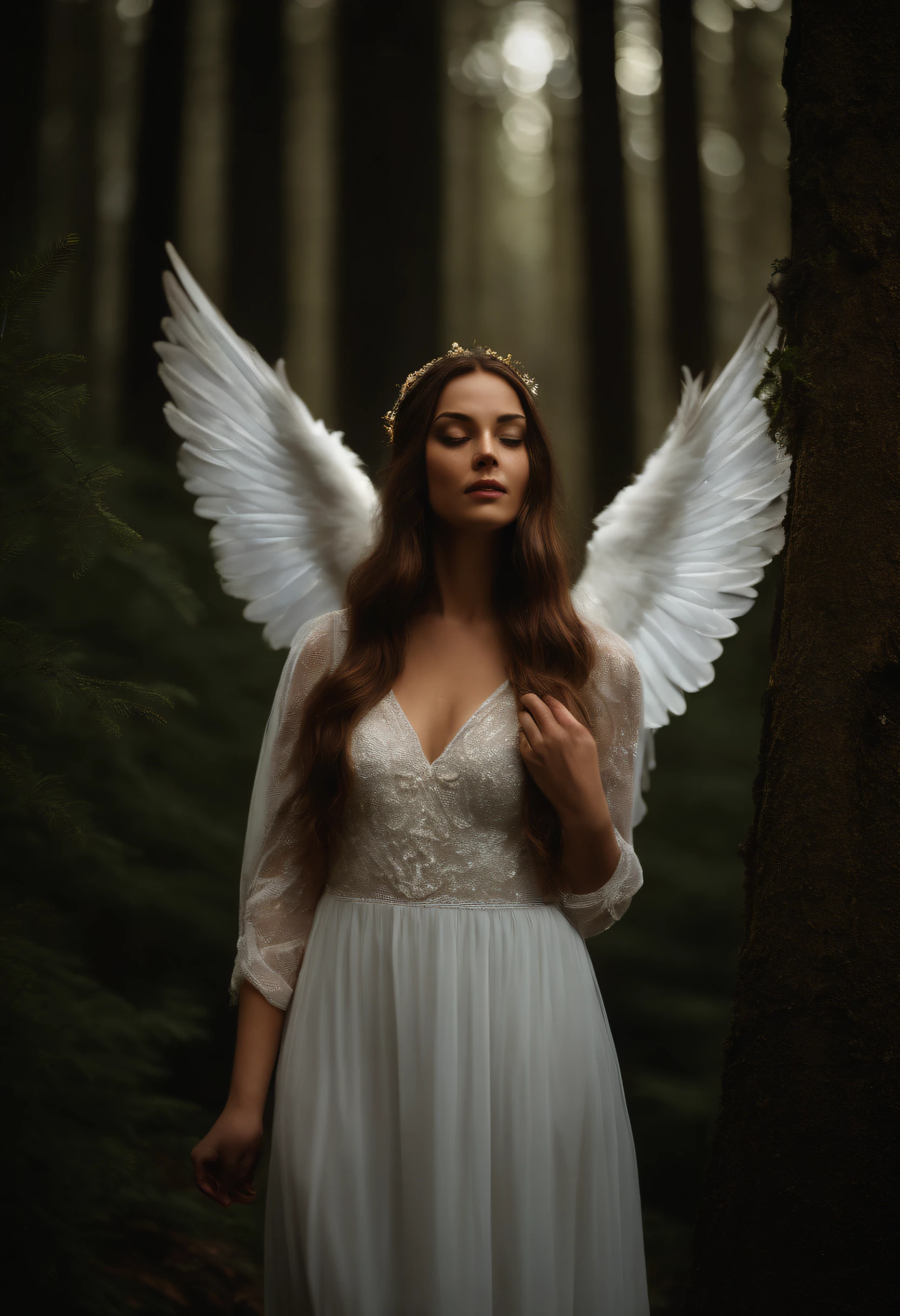 A young woman standing in an enchanted forest with a guardian angel by her side, the moonlight filtering through the dense trees, casting ethereal rays on the scene, evoking a sense of tranquility and wonder, Photography, shot with a 50mm prime lens at f/2.8, --ar 16:9 --v 5