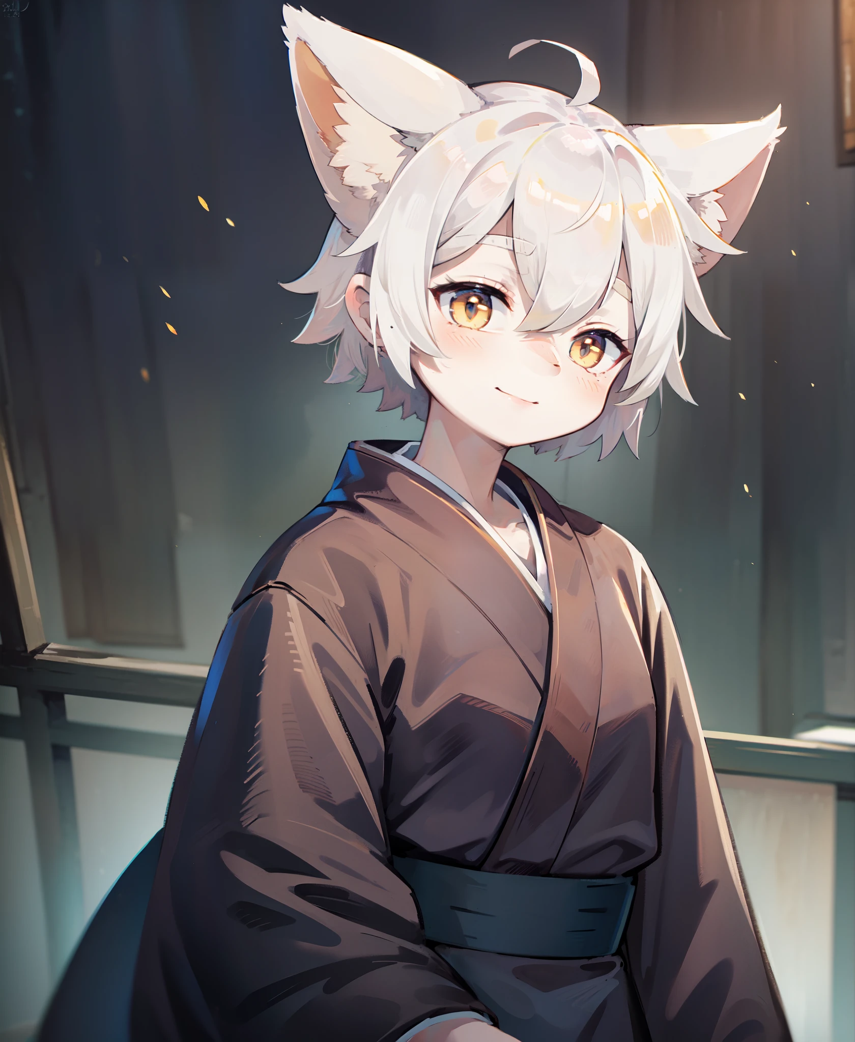 Adult woman, short white hair, Fox ears, Fox tails, golden eyes, black whites of the eyes, kimono, ssmile, Masterpiece, hiquality