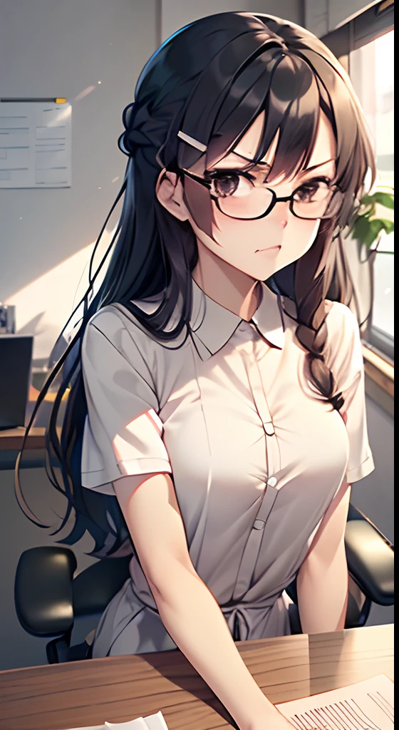 s Office, angry looking face, I'm looking here, I work at my desk, sit a chair, long hair, Braid, sidelocks, black hair, brown eyes, white skin, hairclip, glasses, thin eyebrows, anime cg, (OL:1.5), Long shot