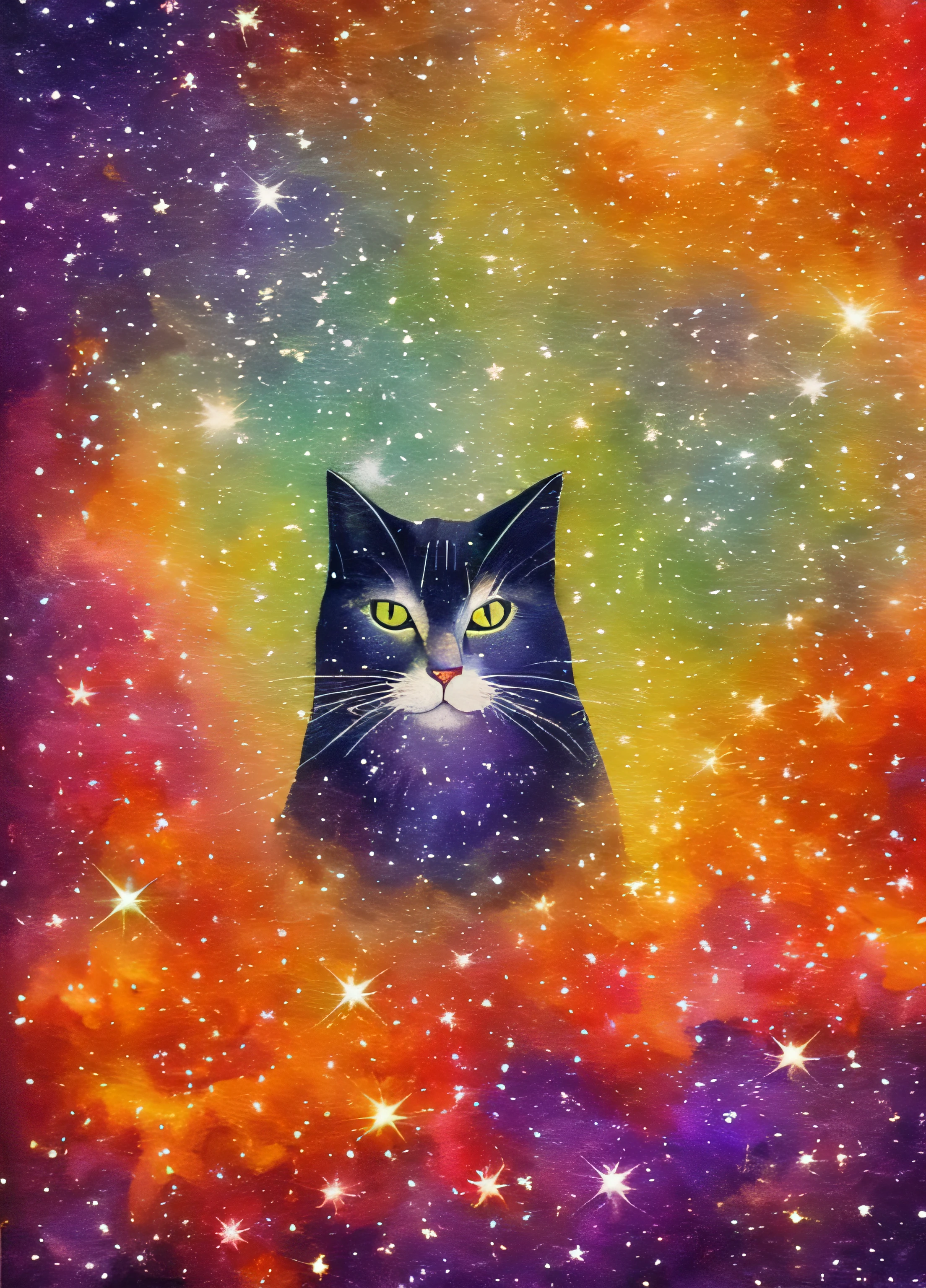 a cat made of (purple galaxies) and (orange galaxies) and stars, luminous design, pastel colours, ink drips, autumn lights, star ornaments, star lights