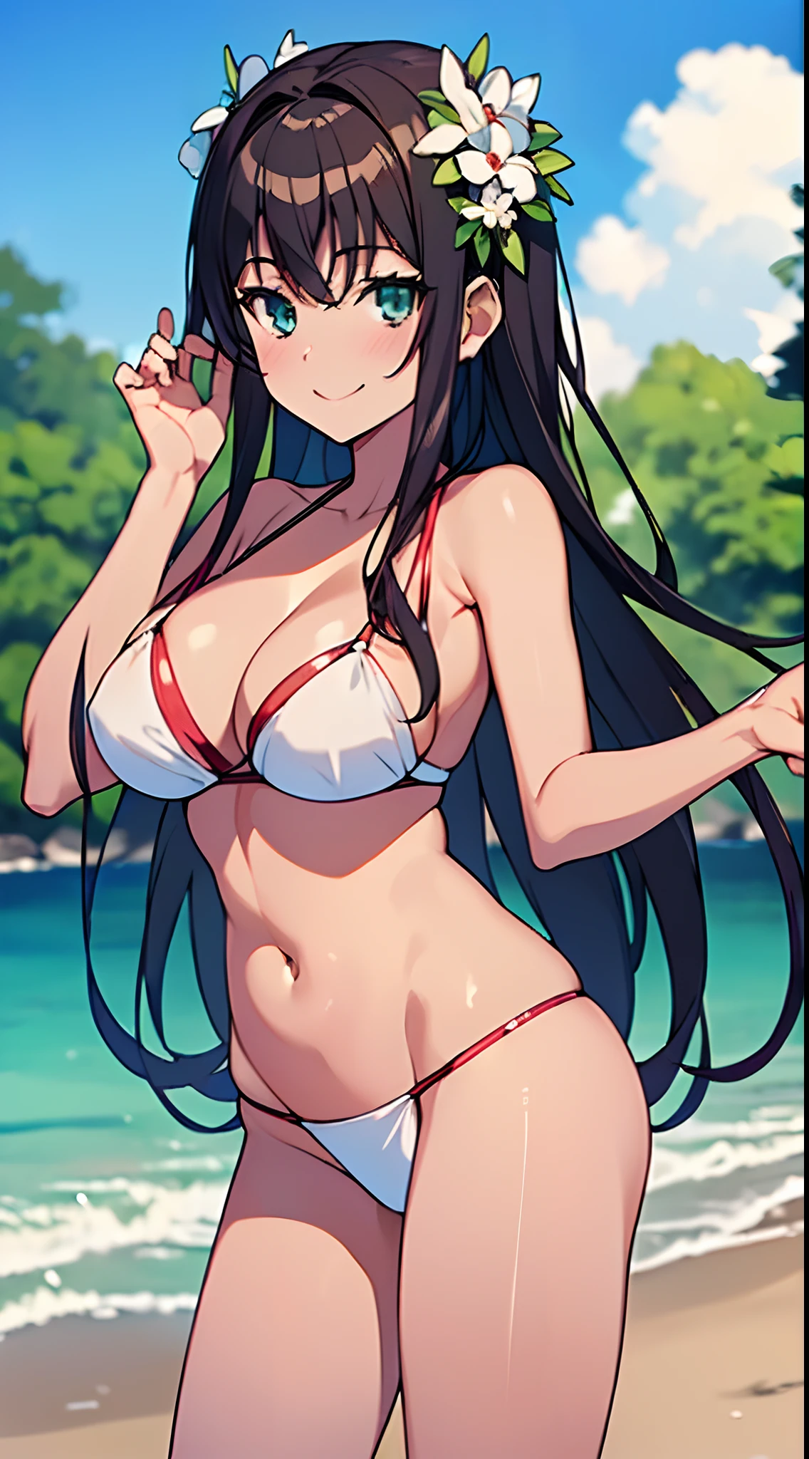 (((​masterpiece,top-quality,超A high resolution))),1womanl, ,(((maikurobikini))),Beautiful breasts,,well-styled,,(Facing the front)((())),(((A shy smile))),(((Satin Ruico))),sand beach,Best Quality,4K,8K