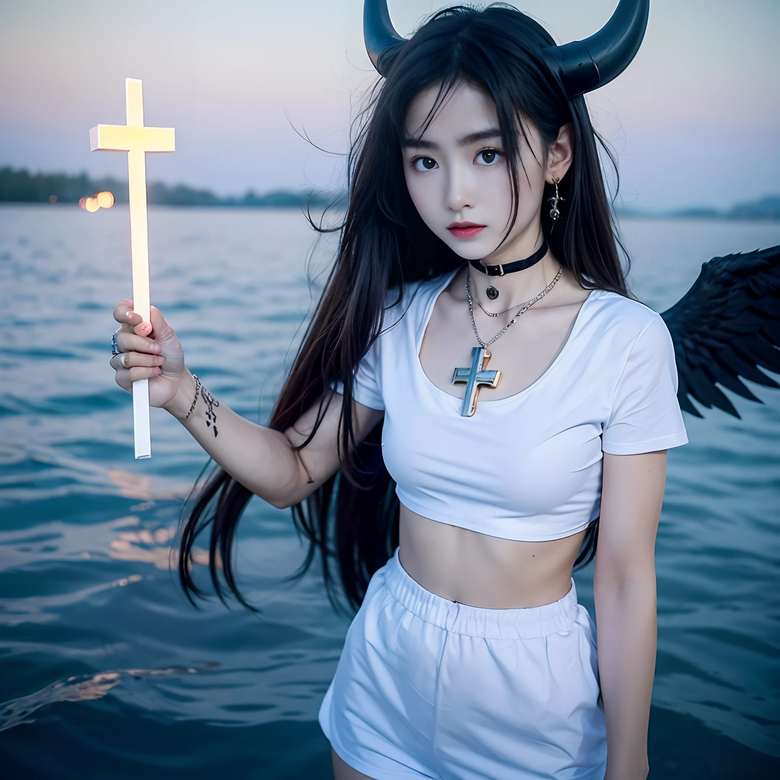 1 girl with jesus, white t shirt, wings, black wings, angel, halo, demon horns, standing on the lake, choker, midget, super villain, stand, with jesus, evening with moon in the sky, look at the viewer, cross necklace, earrings, jewellery, jesus, jesus christ, cross tatto, holding a cross, holding a mini cross