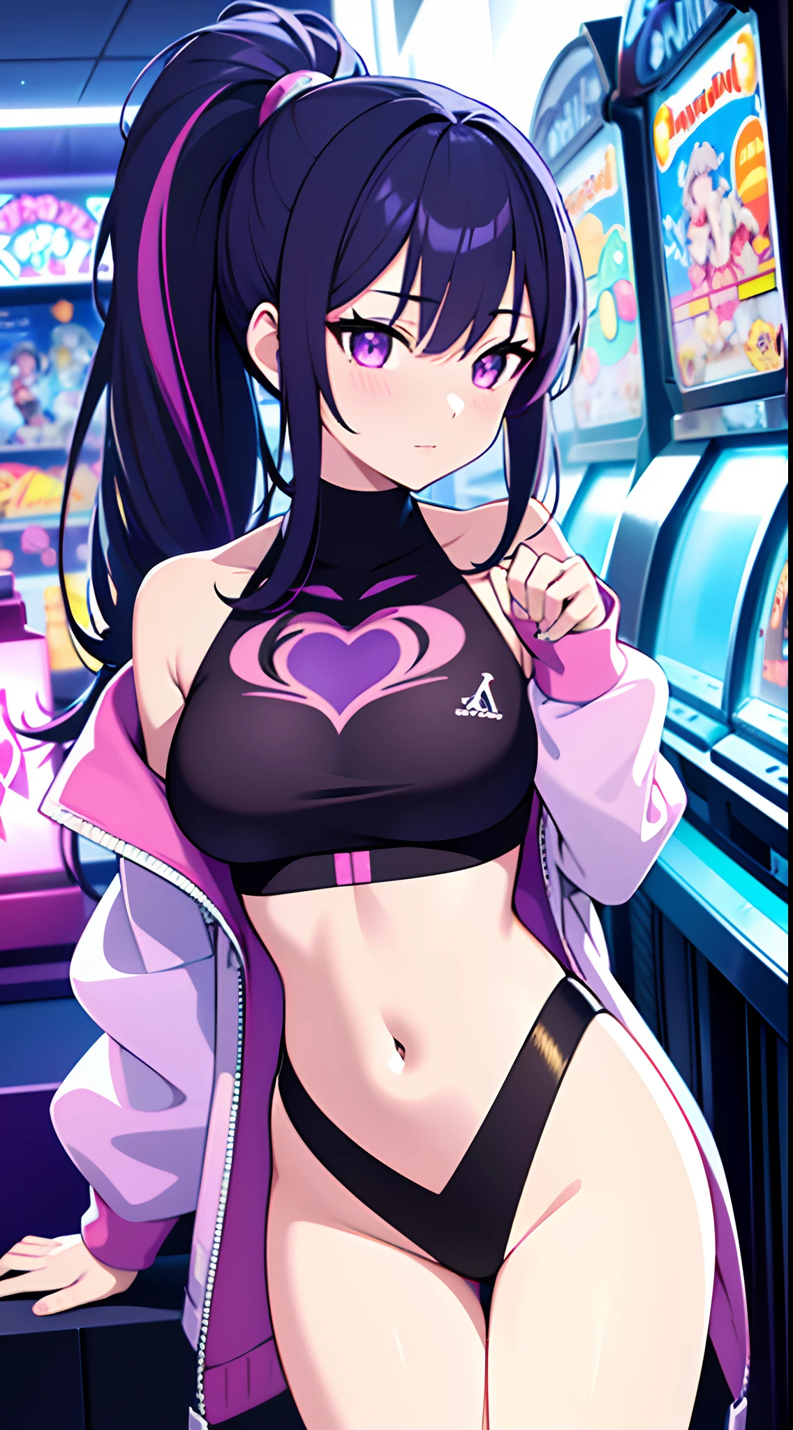 Masterpiece)), best quality, absurderes, ultra detailed, holographic, cowboy shot, golden ratio, super cute girl, mature girl, idol girl, super beautiful asian girl with very beautiful violet glowing eyes, beautiful glowing brown multicolored hair, high ponytail, nice and sexy body, slim body, perfect body, wearing a super tight anime printed leotard, an anime printed super tight off shoulder long sleeve crop top, a super aesthetic transparent mini jacket, beautiful hair ornament, pink jordan tennis, playing with her handsome otaku skinny boyfriend, with black messy glowing hair, in the arcade games