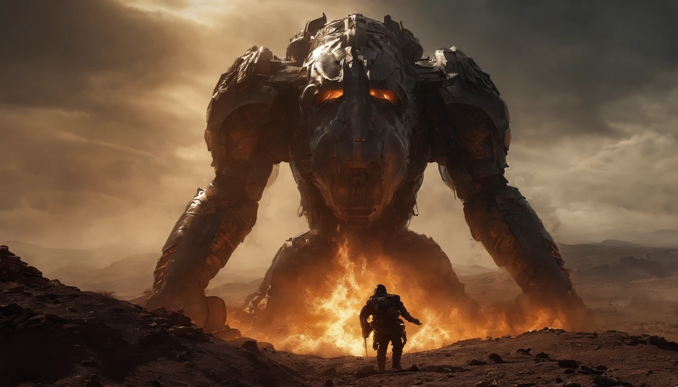 two warriors silhouettes standing in front of a massive Cerberus aggressively standing 100feet tall, located in a battlefield , concept art wallpaper 4k, sci-fi fantasy wallpaper, sci fi artwork, detailed sci-fi art, beautiful sci fi art, spaceships in the cloudy sky, concept art artwork masterpiece, concept art 4k, concept art 4 k, sci fi concept art, mystical sci-fi concept art, fire, explosions, debris, dirty