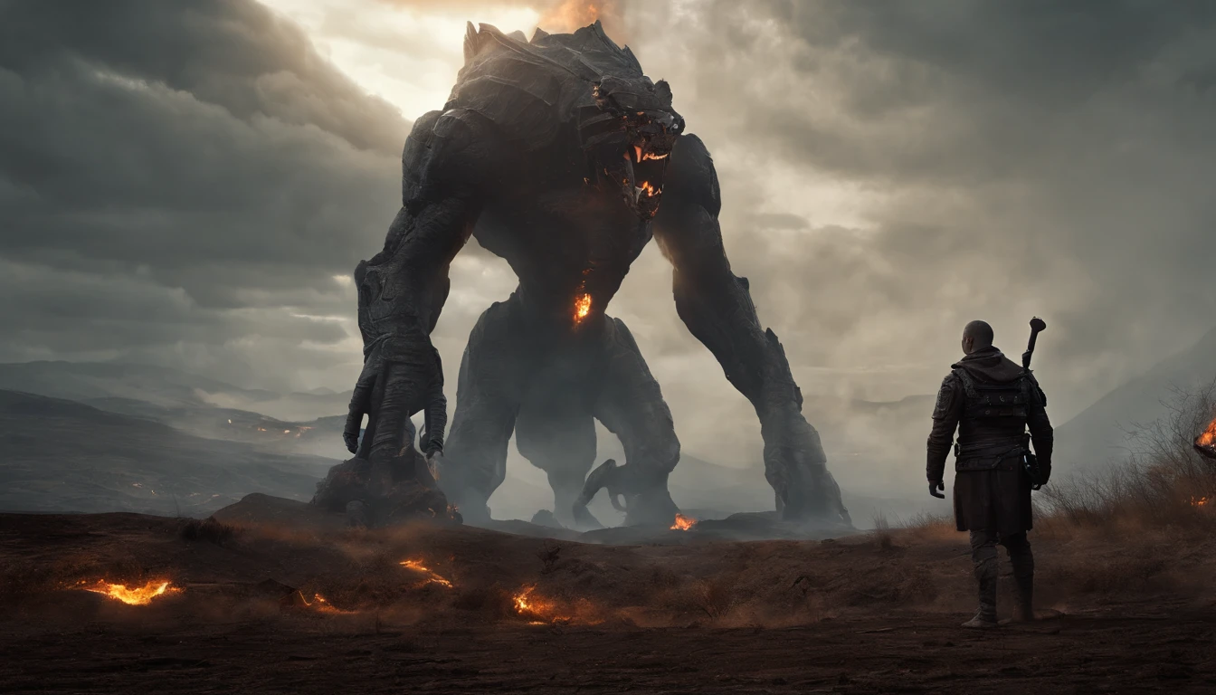 two warriors silhouettes standing in front of a massive Cerberus aggressively standing 100feet tall, located in a battlefield , concept art wallpaper 4k, sci-fi fantasy wallpaper, sci fi artwork, detailed sci-fi art, beautiful sci fi art, spaceships in the cloudy sky, concept art artwork masterpiece, concept art 4k, concept art 4 k, sci fi concept art, mystical sci-fi concept art, fire, explosions, debris, dirty