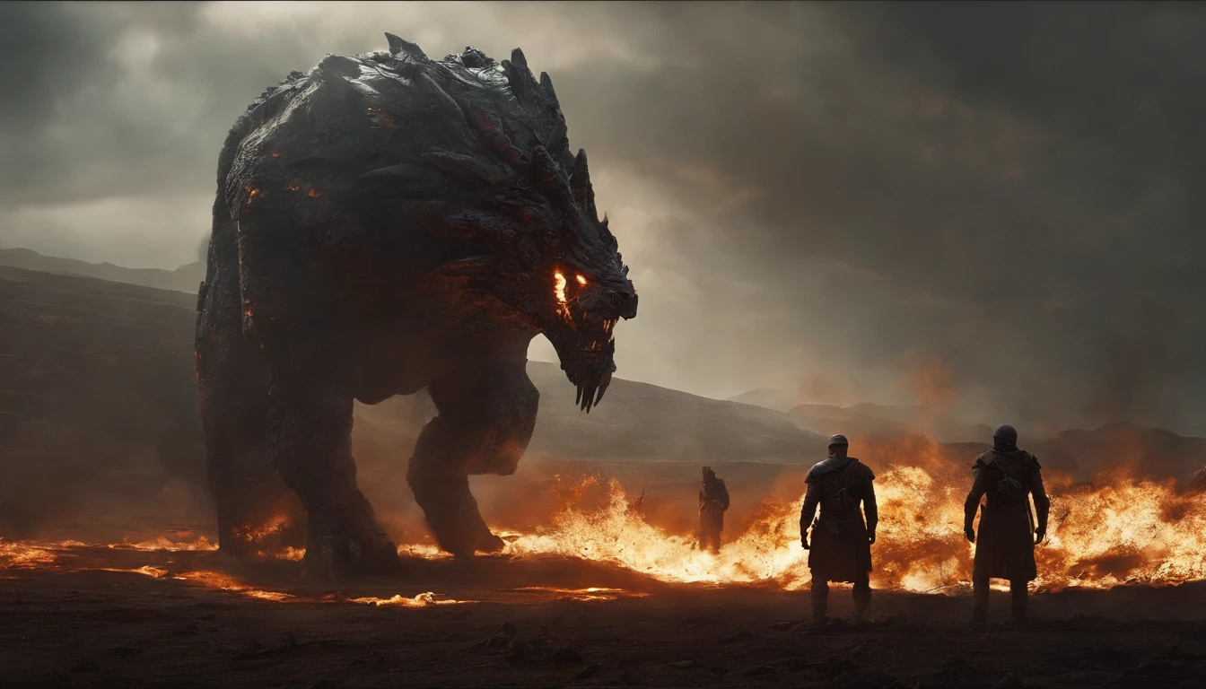 two warriors silhouettes standing in front of a massive Cerberus aggressively standing 100feet tall, located in a battlefield , concept art wallpaper 4k, sci-fi fantasy wallpaper, sci fi artwork, detailed sci-fi art, beautiful sci fi art, spaceships in the cloudy sky, concept art artwork masterpiece, concept art 4k, concept art 4 k, sci fi concept art, mystical sci-fi concept art, fire, explosions, debris, dirty