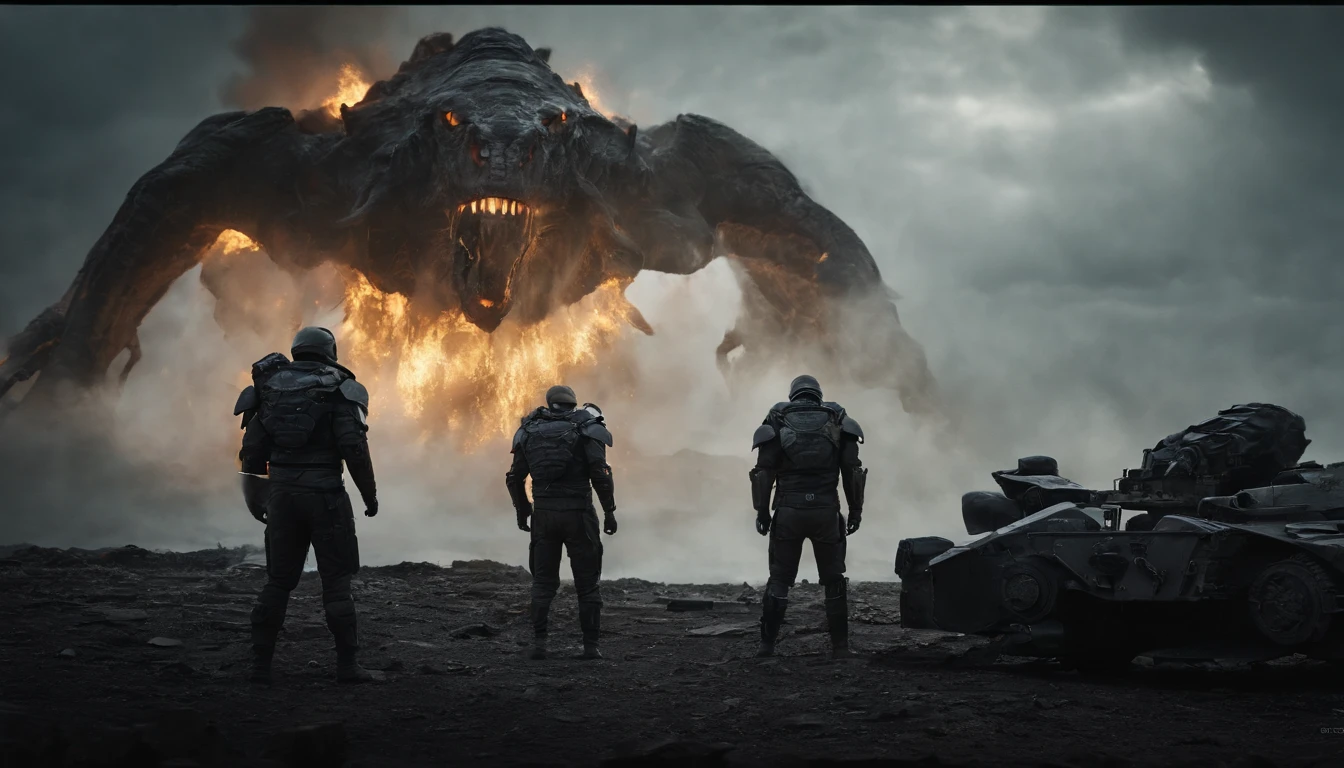 two warriors silhouettes standing in front of a massive Cerberus aggressively standing 100feet tall, located in a battlefield , concept art wallpaper 4k, sci-fi fantasy wallpaper, sci fi artwork, detailed sci-fi art, beautiful sci fi art, spaceships in the cloudy sky, concept art artwork masterpiece, concept art 4k, concept art 4 k, sci fi concept art, mystical sci-fi concept art, fire, explosions, debris, dirty