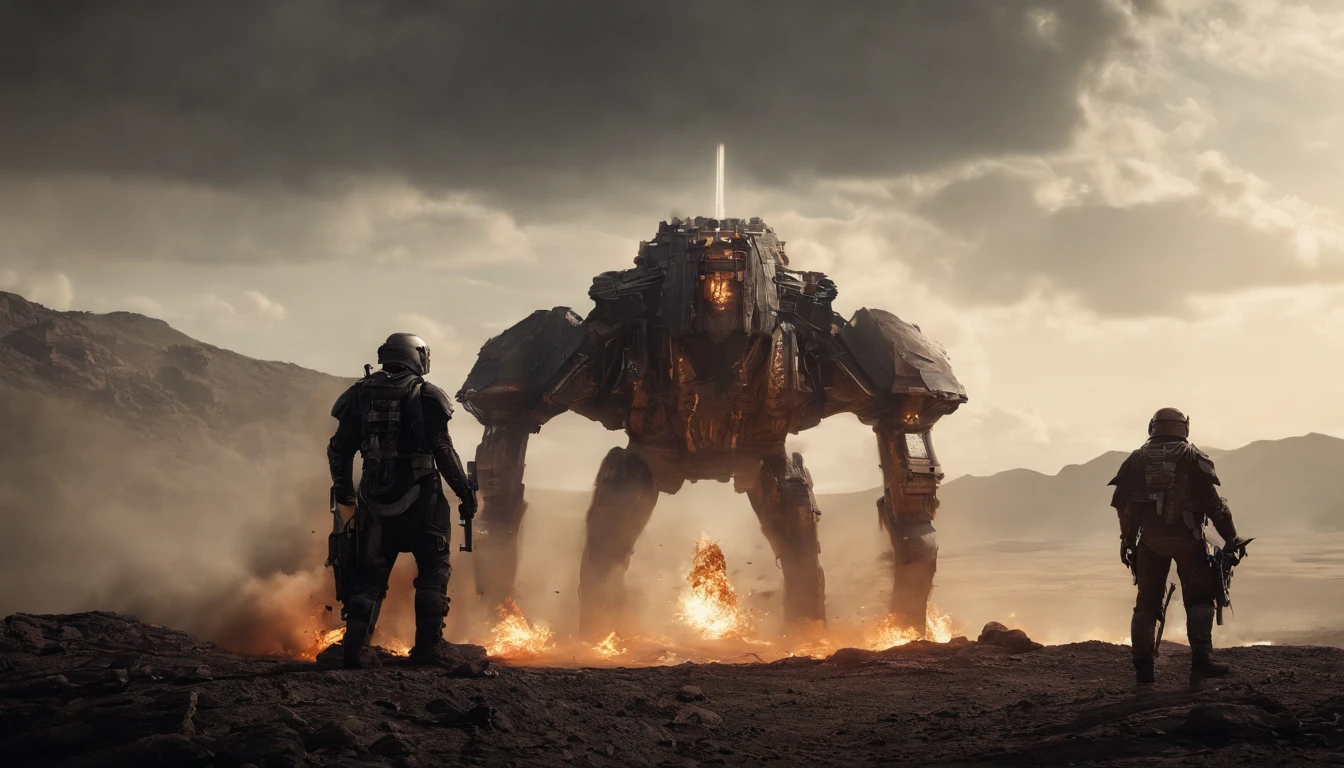 two warriors silhouettes standing in front of a massive Cerberus aggressively standing 100feet tall, located in a battlefield , concept art wallpaper 4k, sci-fi fantasy wallpaper, sci fi artwork, detailed sci-fi art, beautiful sci fi art, spaceships in the cloudy sky, concept art artwork masterpiece, concept art 4k, concept art 4 k, sci fi concept art, mystical sci-fi concept art, fire, explosions, debris, dirty