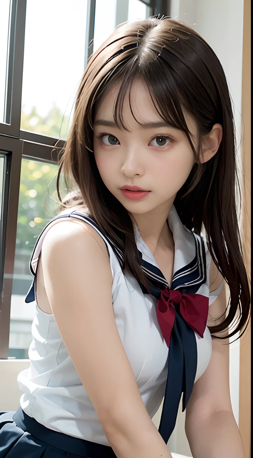 (One Girl), ((Very cute face)), Great face and eyes, (Highly detailed eyes, Highly detailed face), Fresh, Very beautiful appearance, (Ultra-realistic, High resolution), (highest quality:1.4), RAW Photos, (Realistic, Realistic:1.37), Professional photography , (Wet and see-through sailor uniform:1.1)  , Smile a little, (look at me) , Portrait of a Girl  , (gigantic breasts:1.3)   , ((()))   , ((junior high rown short hair:0.9) , (wavy hair:1.3) , (Nipples visible through sailor uniform:1.3) , (Pussy juice:1.3) , (Please tilt your head a little) , Perfect nipples , ((Nipples are light pink )) , ((light pink areola))  , (selfie), (The man is licking her nipples:1.4) , (sweating cleavage:1.2) , (cum on her breasts ) , (small nipples) , ( one hairpin ) , (upper body) , (lying down on the bed:1.3) , (young face:1.3) , (little girl:1.3) , (sleep on your backoung face:1.3)