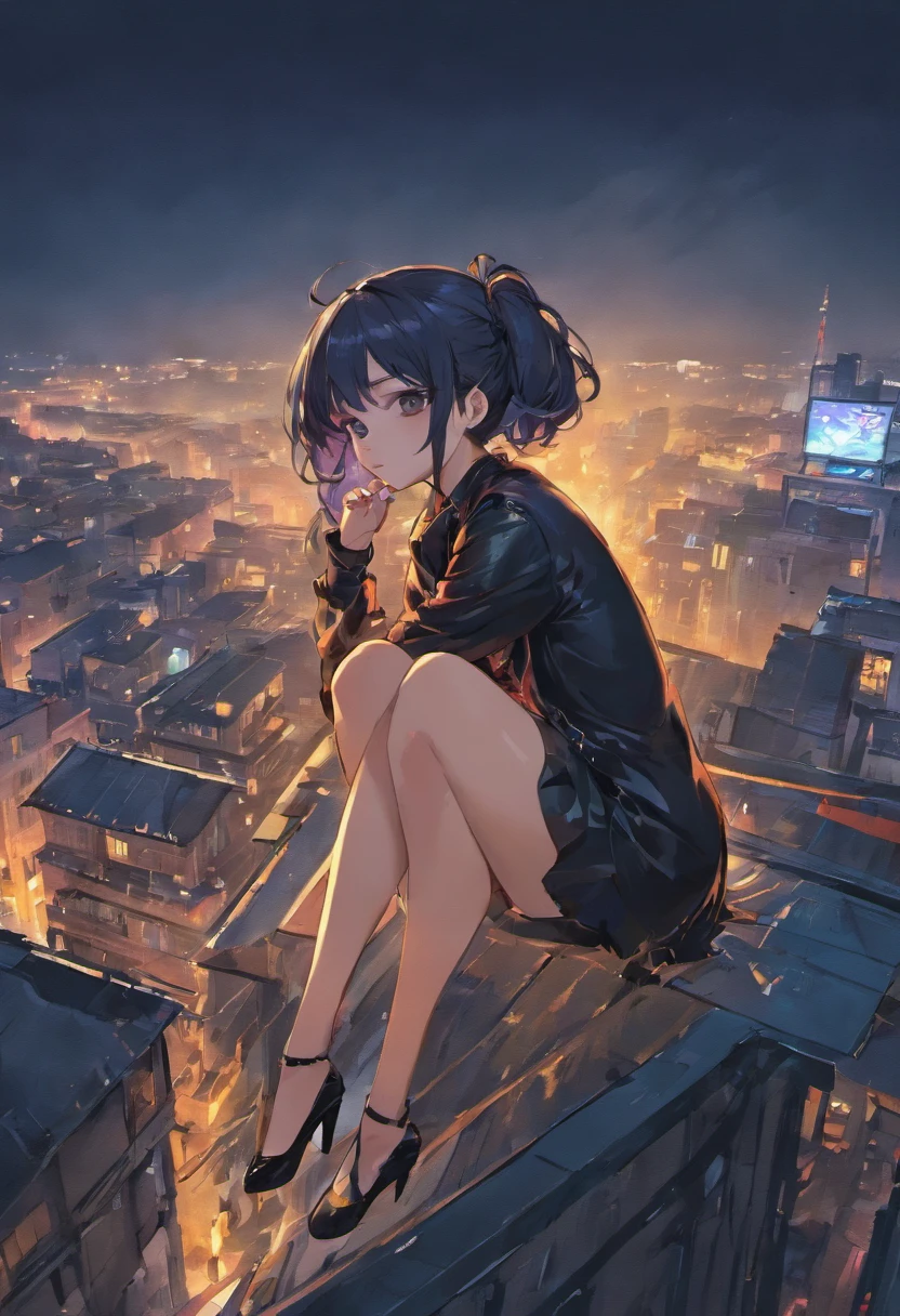 Chiquita,Wearing a down jacket,Smoking, blows wind,Fluttering hair,gust of wind, Colorful, , masterpiece, Sit up, From Side, From Side, A smile, starrysky, in a storm