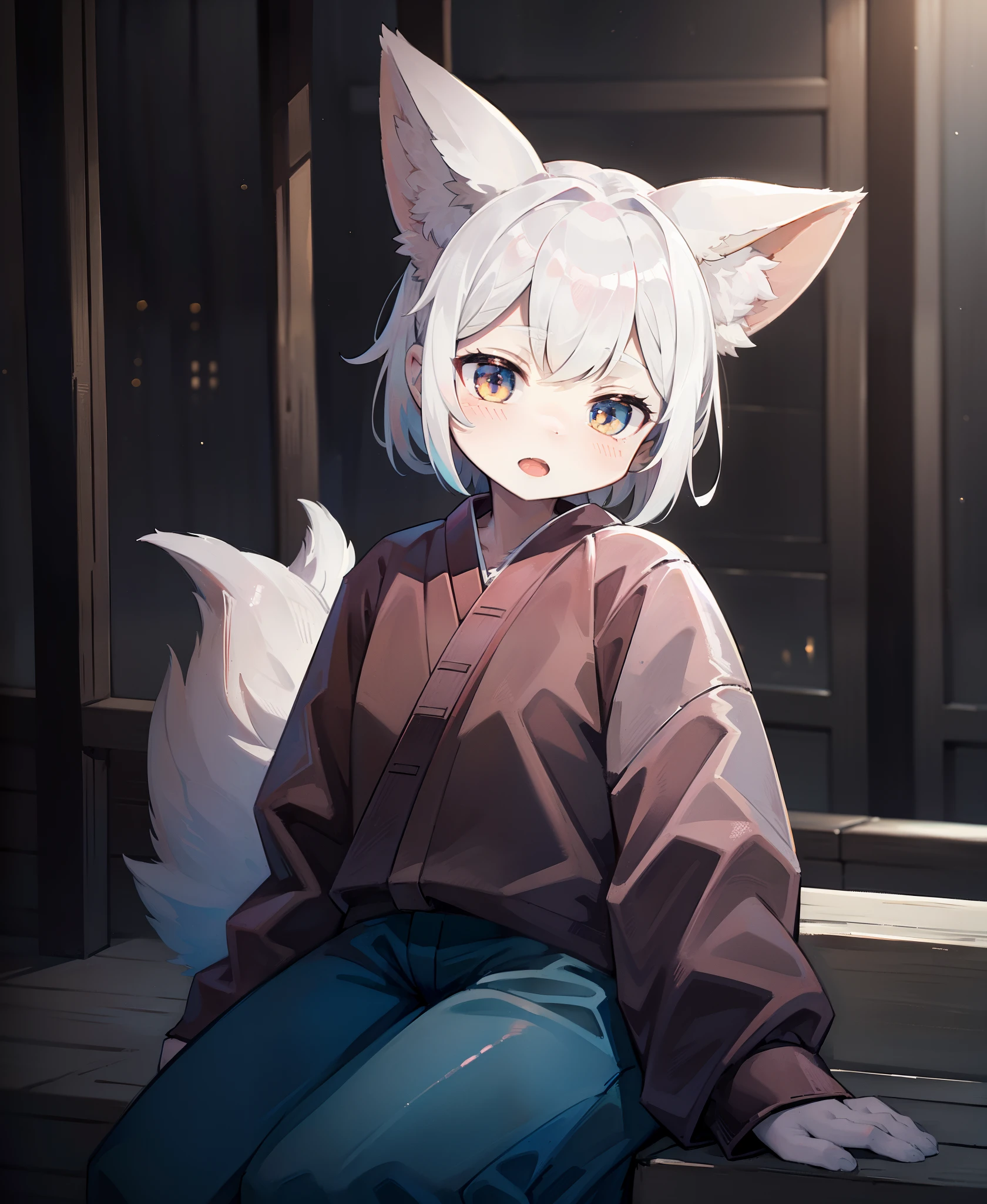 best qulity， Lifelike， 8K， high - resolution， 1girls， fox ear， Open your mouth，In the cave，Hanfu，sitting on the ground，（Dents in the skin）， 8 tails， （General lighting， Bokeh）， （night-time：1.2），（white gray hair：1.2），