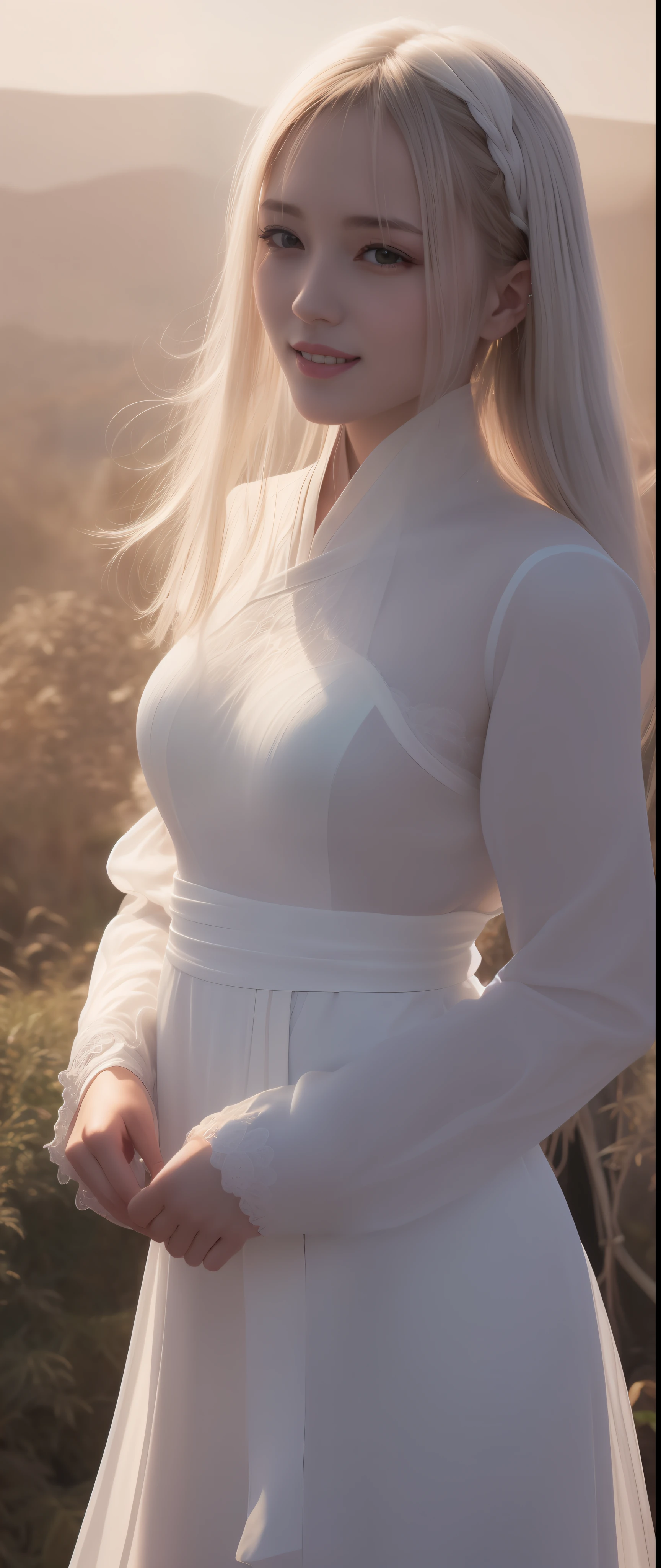 (8K, Best quality, Masterpiece:1.2),(Realistic, photo-realistic:1.37),Ultra-detailed,Solo,Beautiful detailed sky,(Closed mouth) Small breasts,1 girl,(White hair:1.1),Hanfu,(looking toward the viewer:1.2),(Smile:1.05),Beautiful detailed eyes,Floating hair NovaFrogStyle,