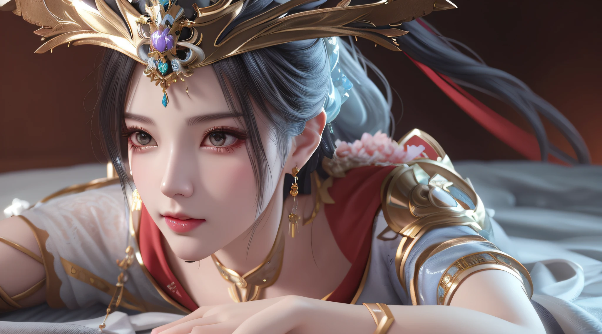 there is a woman with a very large headpiece laying on a bed, a beautiful fantasy empress, trending on cgstation, ruan jia and artgerm, inspired by Lan Ying, ((a beautiful fantasy empress)), artgerm and ruan jia, by Yang J, artgerm ; 3d unreal engine, ig model | artgerm
