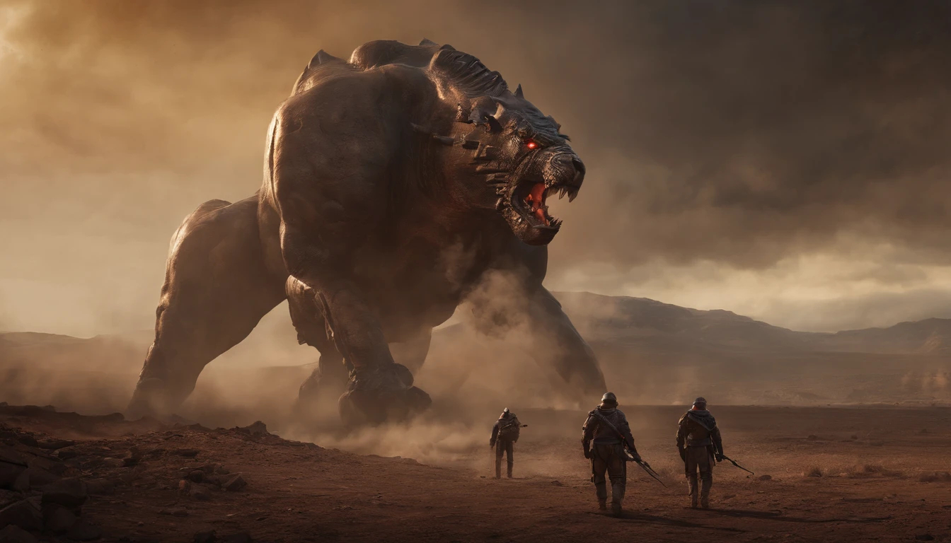 two warriors silhouettes standing in front of a massive Cerberus aggressively standing 100feet tall, located in a battlefield , concept art wallpaper 4k, sci-fi fantasy wallpaper, sci fi artwork, detailed sci-fi art, beautiful sci fi art, spaceships in the cloudy sky, concept art artwork masterpiece, concept art 4k, concept art 4 k, sci fi concept art, mystical sci-fi concept art, fire, explosions, debris, dirty