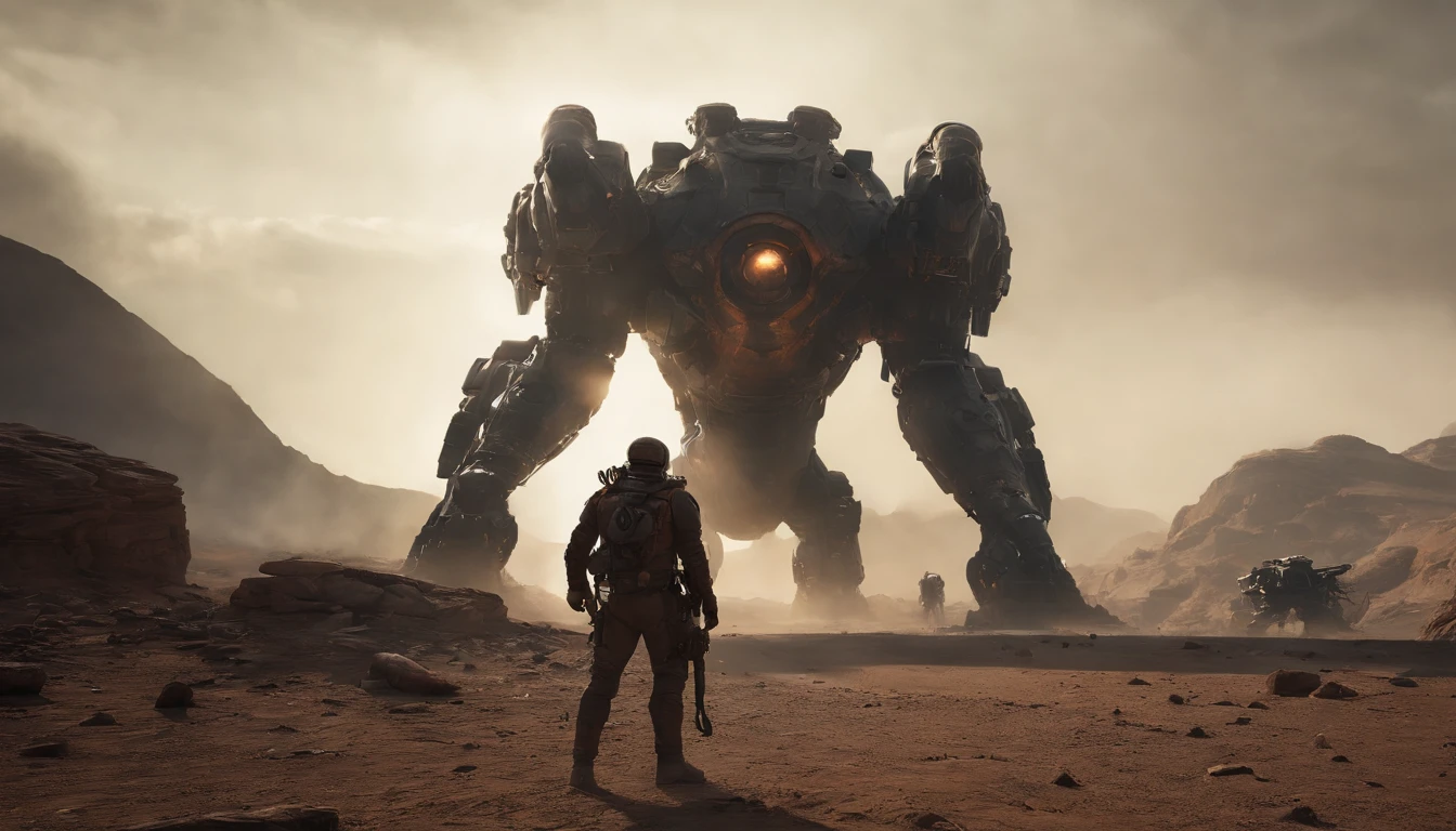 two warriors silhouettes standing in front of a massive Cerberus aggressively standing 100feet tall, located in a battlefield , concept art wallpaper 4k, sci-fi fantasy wallpaper, sci fi artwork, detailed sci-fi art, beautiful sci fi art, spaceships in the cloudy sky, concept art artwork masterpiece, concept art 4k, concept art 4 k, sci fi concept art, mystical sci-fi concept art, fire, explosions, debris, dirty