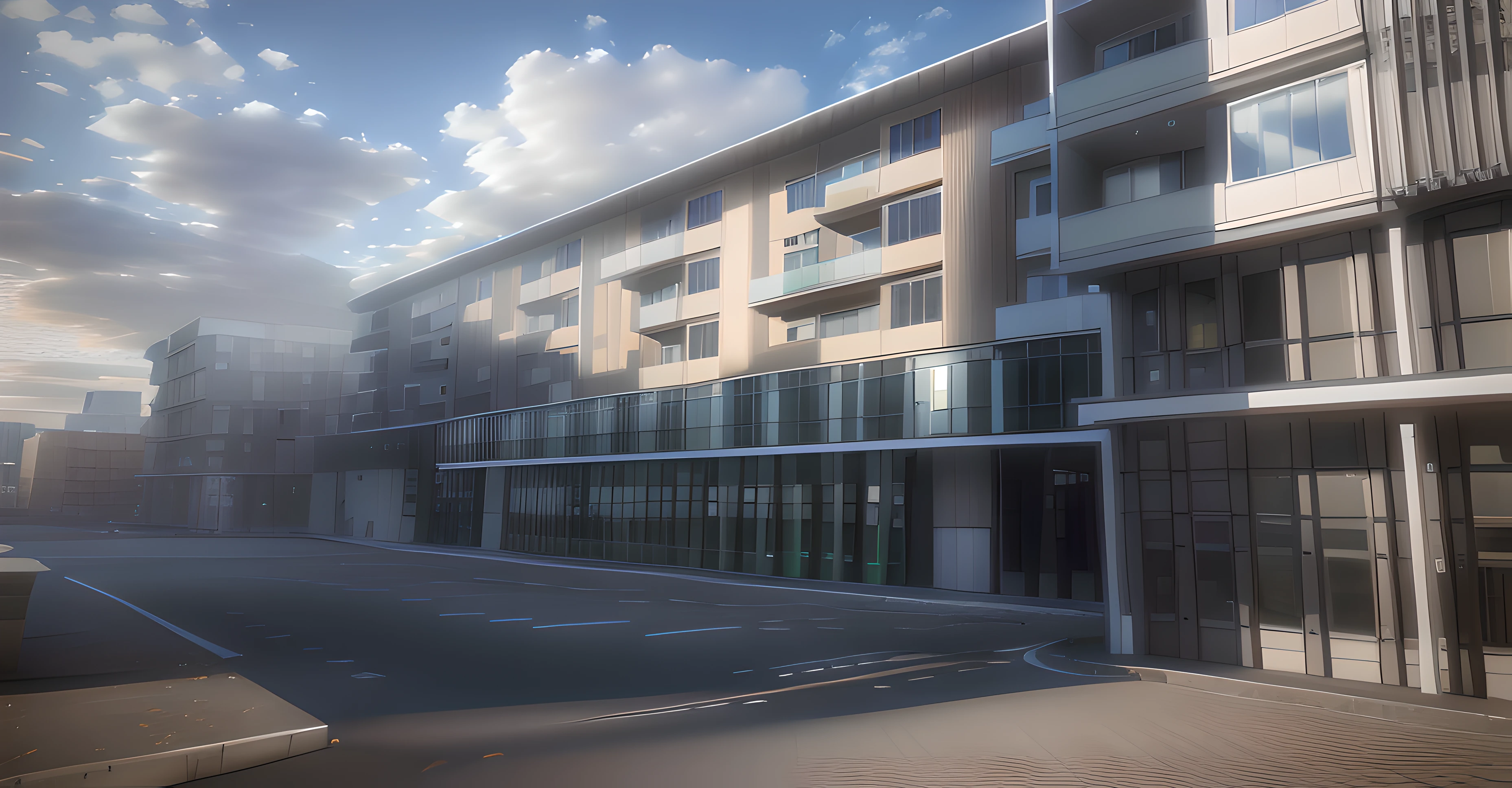 There is a large building with many windows on the side, Rendu architectural, Rendu architectural 3D, Realistic building, Architectural plan, Realistic shooting, semi - realistic render, Rendu lumion, Rendu professionnel, Rendu dans vray, Visualisation architecturale, Very detailed rendering, Architecture rendering, Facade of the building, Very detailed rendering, Add cars to the front of the building, Add a group of people next to the building, ajouter des arbres sur la gauche de l'image