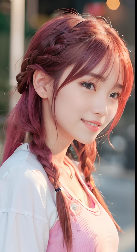 (8K、top-quality、masterpiece:1.2)、(reallistic、Photorealsitic:1.37)、The ultra-detailliert、1人、18year old、Medium chest、Beautie、Beautiful and perfect face、Natural smile、独奏、holiday、Bustling street、shopping、Fashionable clothes、Redness of the nose)、(A smile:1.5)、(With mouth closed) 、beautidful eyes、(long:1.2)、Floating hair 、Middle hair、Pink Hair Medium Hair, (Pink hair), Ear Hair, small tits, Single braid, (Single braid), (Side braid),Checked shirt