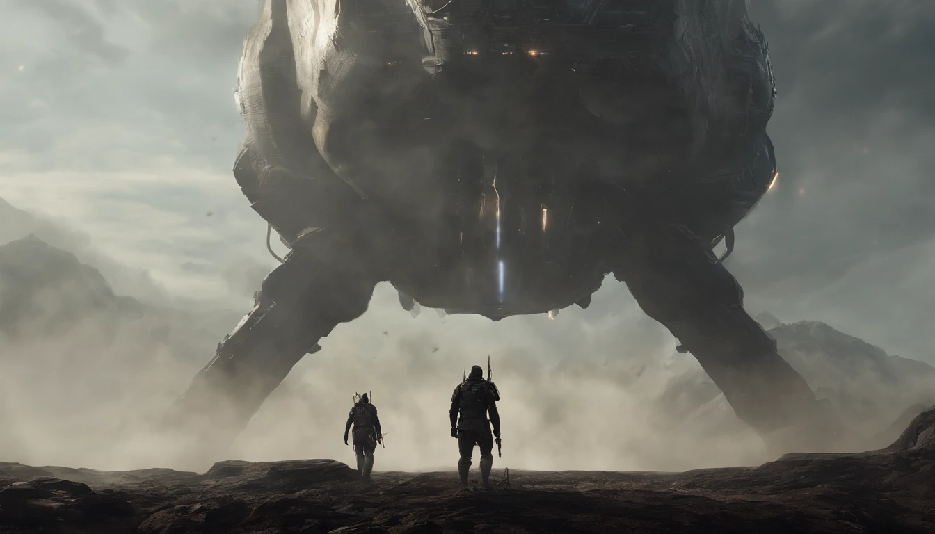 two warriors silhouettes standing in front of a massive [three-headed Cerberus] aggressively standing 100feet tall, located in a battlefield , concept art wallpaper 4k, sci-fi fantasy wallpaper, sci fi artwork, detailed sci-fi art, beautiful sci fi art, spaceships in the cloudy sky, concept art artwork masterpiece, concept art 4k, concept art 4 k, sci fi concept art, mystical sci-fi concept art