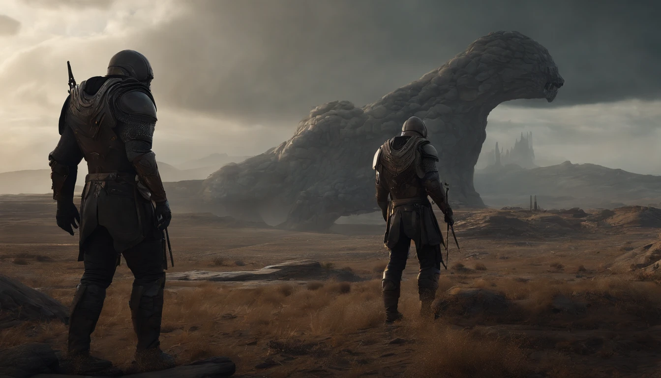 two warriors silhouettes standing in front of a massive [three-headed Cerberus] aggressively standing 100feet tall, located in a battlefield , concept art wallpaper 4k, sci-fi fantasy wallpaper, sci fi artwork, detailed sci-fi art, beautiful sci fi art, spaceships in the cloudy sky, concept art artwork masterpiece, concept art 4k, concept art 4 k, sci fi concept art, mystical sci-fi concept art