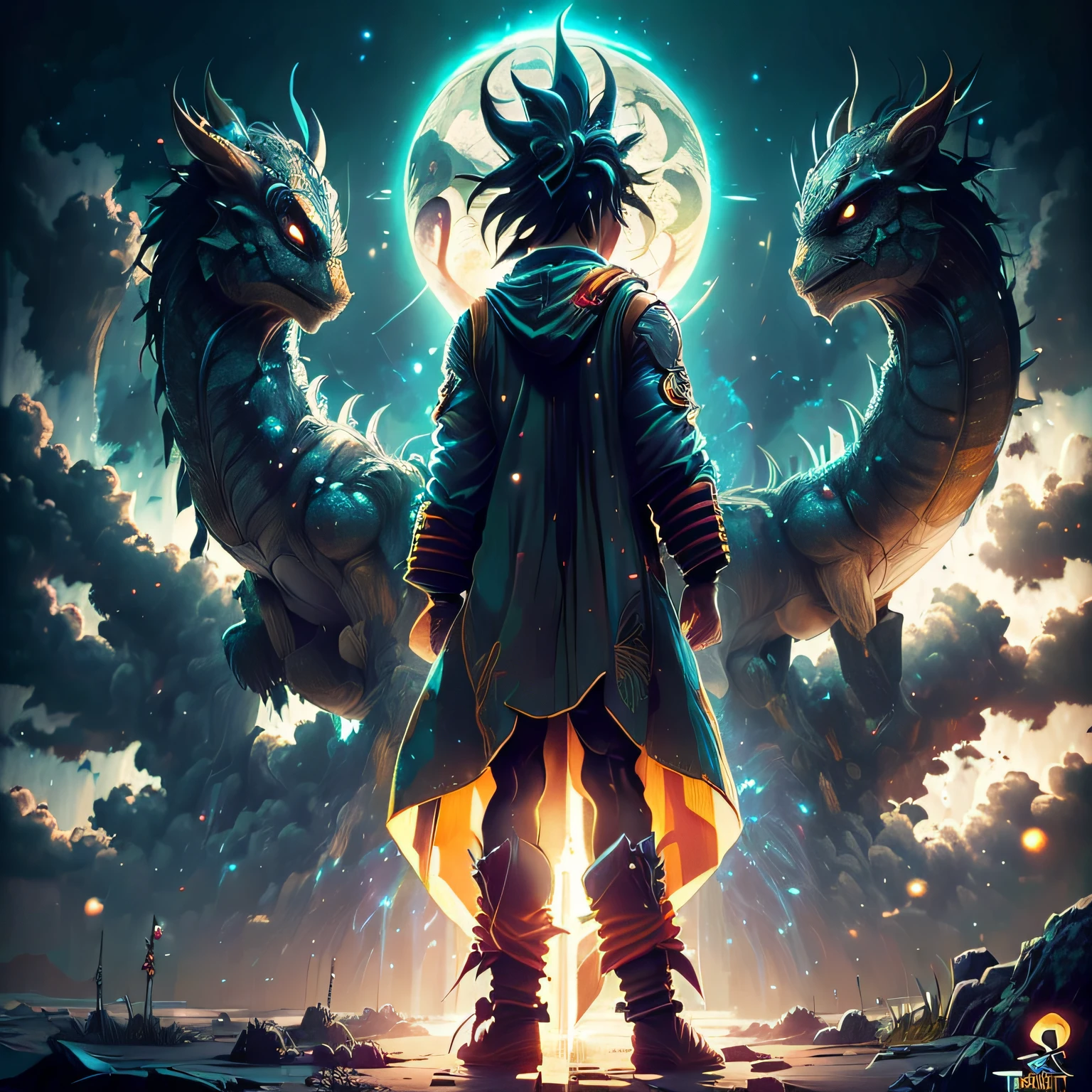 Tiago Jean, Katsuhiro Otomo, surreal, misterioso, bizarro, genial, fantasia, scientific fiction, Anime japones, (("personagem de dragon ball Goku super saiyajin god com uma espada")) Correndo pela noite escura, indo para algum lugar, The moonlight being the only guide, incapaz de enxugar a dor e a tristeza, And where's my heart? The flame will not be extinguished.Who will we hold on to this feeling until the day we share the darkness and shine in the sun?????????, Obras-primas detalhadas, Cinematic depth-of-field lighting