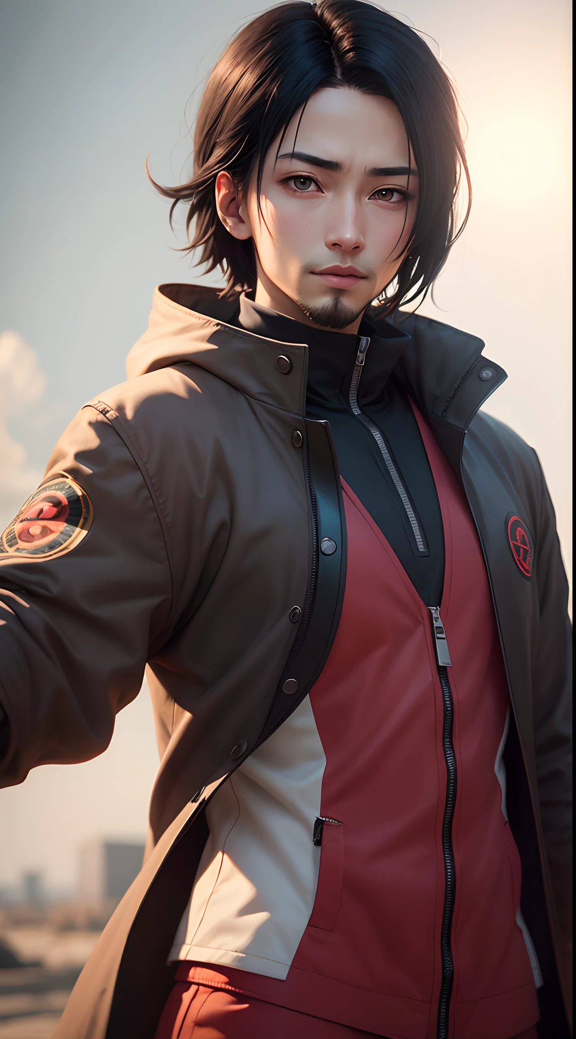 Uchiha itachi wearing a Akatsuki coat, short hair, beard, see at the sky, sunshine, mangekyo sharingan beautiful portrait, AMD FidelityFX Super resolution 3, octane rendered, Unreal engine 5 effects, extremely detailed portrait, close-up portrait