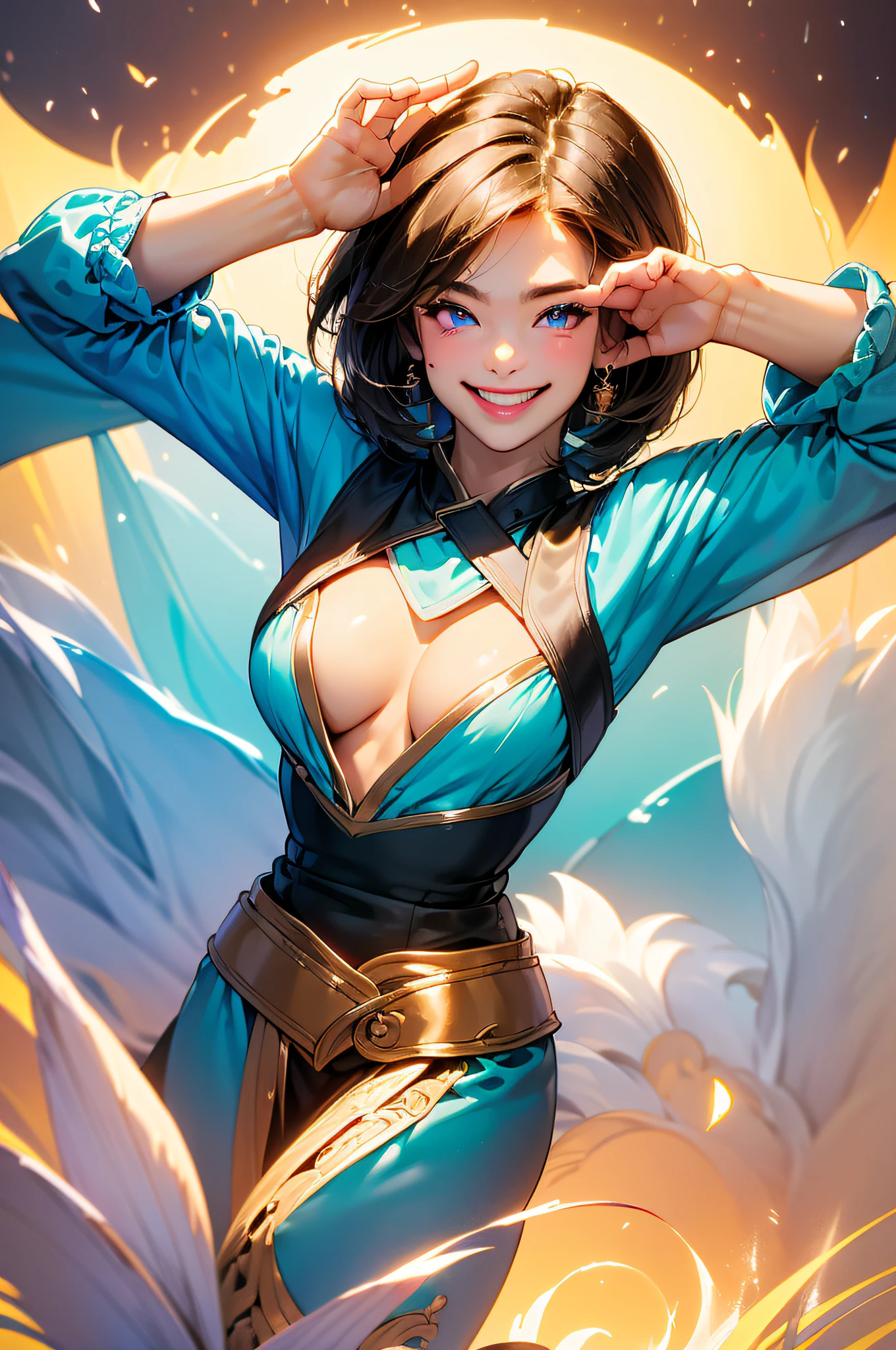 (in 8K、top-quality、masterpiece:1.2)、1人の女性、(Smiling smile:1.1)、beautidful eyes、Valley、The upper part of the body、shorth hair、Like a boy、Colossal tits、Purple View、