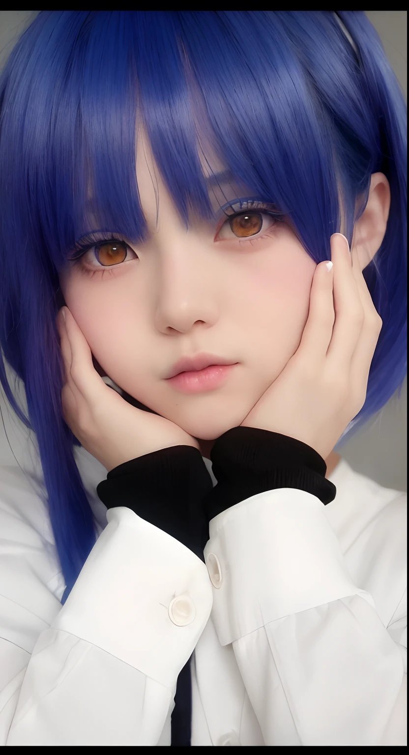 a close up of a person with a blue hair and a white shirt, anime girl in real life, cute natural anime face, ulzzang, with blue skin, beautiful blue haired girl, pretty girl with blue hair, realistic young anime girl, anime girl cosplay, beautiful anime face, anime style, anime inspired, cute anime face, pretty anime face, beautiful anime style