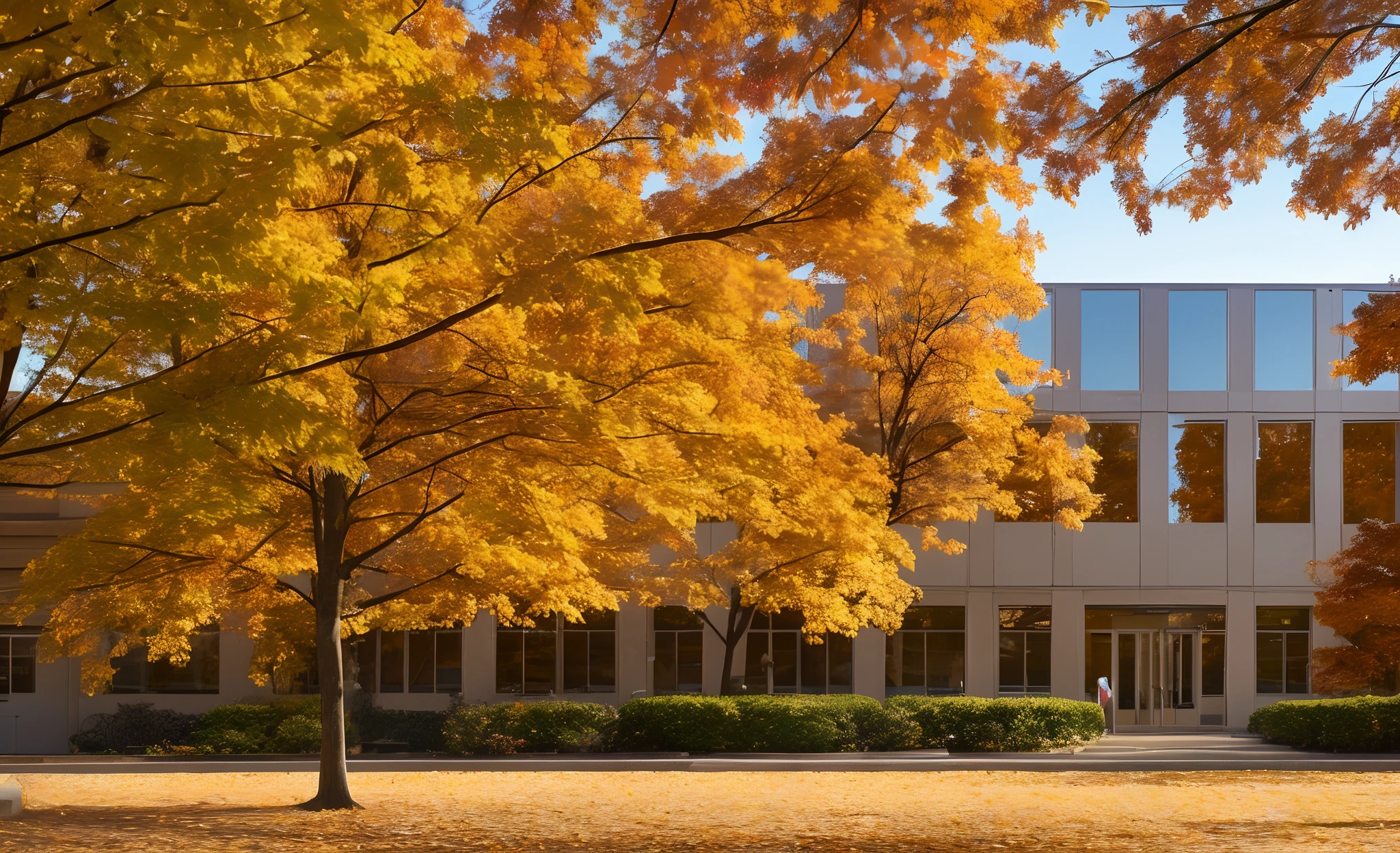 Autumn Campus,Teaching building,Golden trees,Fallen leaves,photograph, film, bokeh, professional, 4k, highly detailed, --auto --s2