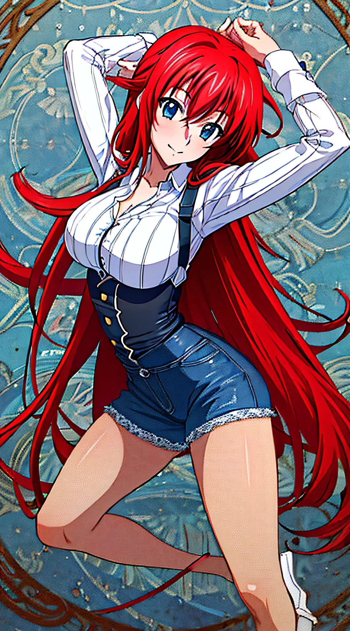 masterpiece, best quality, ultra-detailed, hires, beautiful, detailed hair and eyes, 1girl, red hair, long hair, ahoge,rias gremory dxd, very long hair, blue eyes, large breasts, white shirt write "Feliz cumple, Alfredo", blue jeans, smile, happy, ((Room background:1.1))