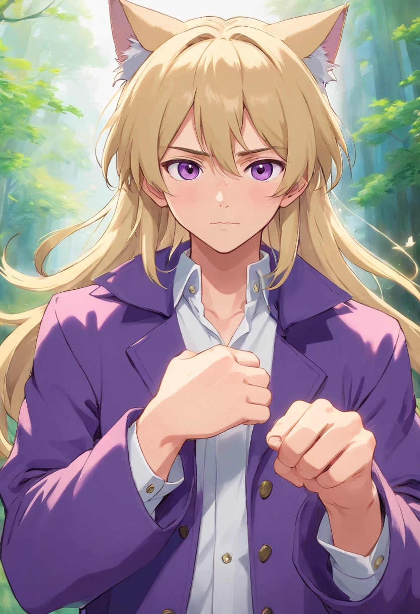 Purple coat, one male, cat ears, long hair, blond, blond hair, green eyes, tall, muscular, white shirt, beautiful face, highest quality, masterpiece, 2d, anime, perfect face, highest detail, feline eyes, stubble, cat tail, wavy hair, five fingers, human hands, cowboy shot, detailed face, intricate details, human hands, blushing, nervous,