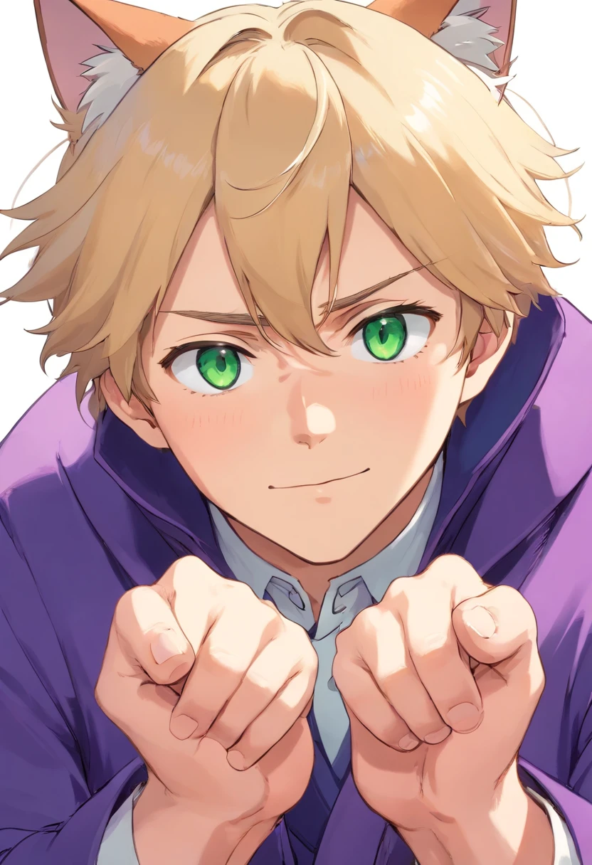 Purple coat, one male, cat ears, long hair, blond, blond hair, green eyes, tall, muscular, white shirt, beautiful face, highest quality, masterpiece, 2d, anime, perfect face, highest detail, feline eyes, stubble, cat tail, wavy hair, five fingers, human hands, cowboy shot, detailed face, intricate details, human hands, blushing, nervous,