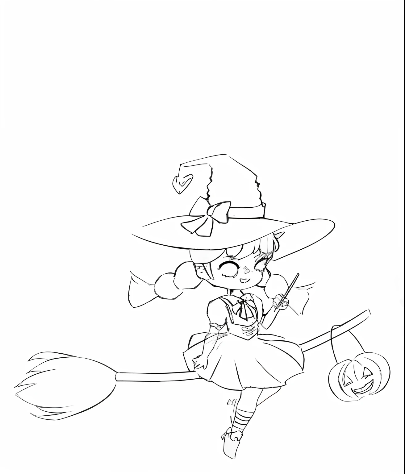 A painting of a  in a witch's costume flying on a broomstick, Simple lines of art, the witch, clean lineart, in a halloween style, bright witch, sorceress woman, classical witch, scarry but bewitching, witch, linear art, cat witch, flirty anime witch casting magic, thick lineart, portrait of a young witch girl