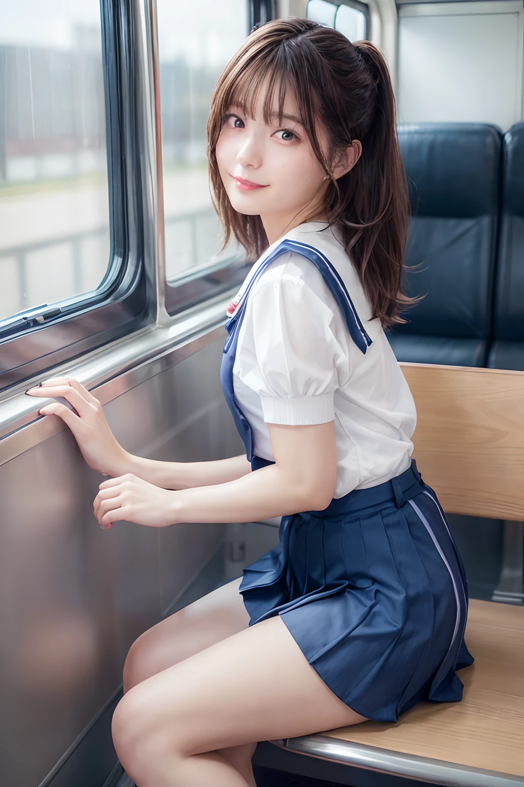 top-quality,ighly detailed,masterpiece,realisitic,Photo Real,Bright lighting,1 girl in, very beautiful -yeld gi (kawaii:1.2),Faint smile, (Brown eyes),(ligh brown hair),(bangss),perfect glossy skin,flawless skin,((Erotic,Sexy and sexually explicit)),((Precise hands without dissonance)), large full breasts,large and thin waist, Watch your audience,,((Short sleeve uniform white shirt)),(Black underwear),(Blue Mini Pleated Skirt),(poneyTail),(lifted by self), sockes, (Black knee socks),(Loafer shoes), Daytime,On the train,Long horizontal sheet with your back to the window, with big smiles on their faces,