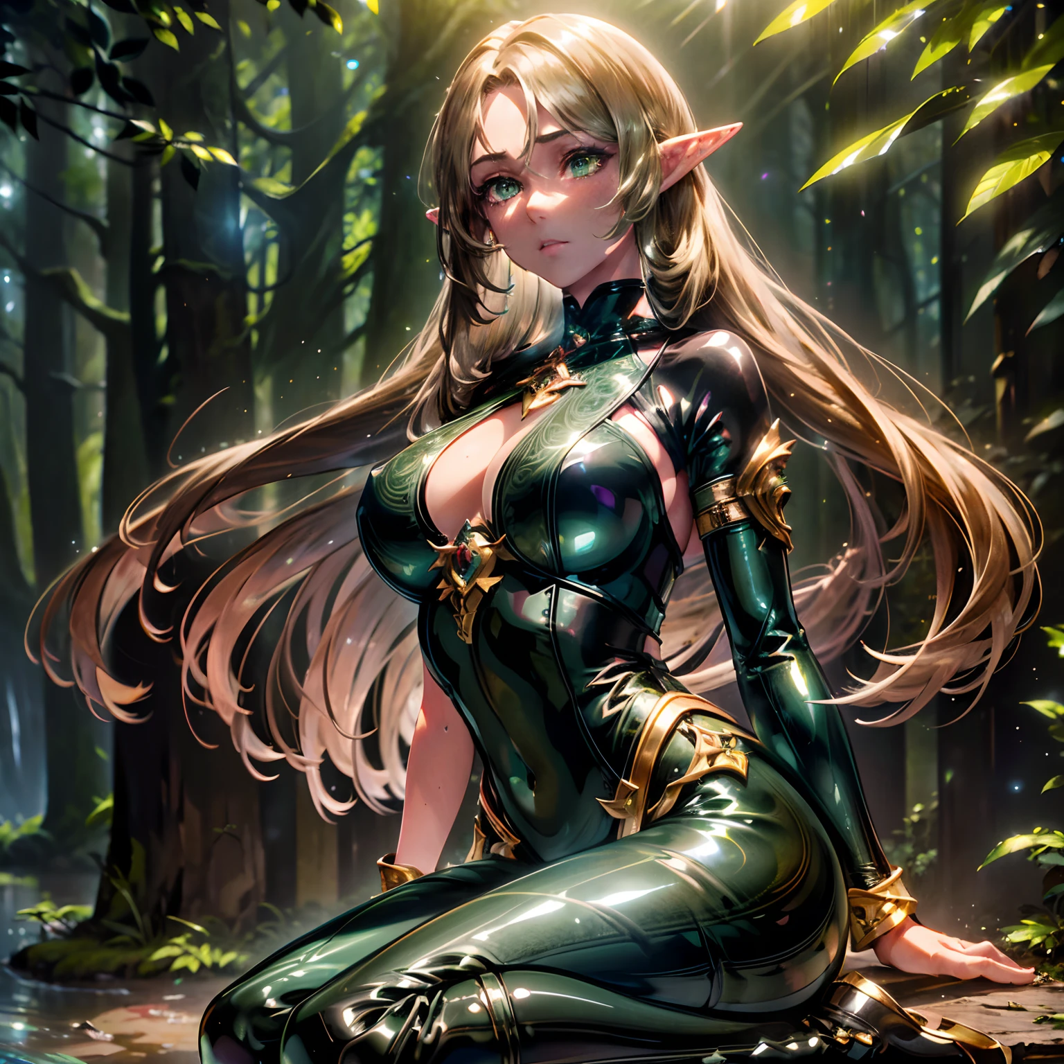 (Best Quality,4K,hight resolution),(Realistic:1.37),Ultra-detailed,Fantasy,Portraits,medieval setting,fullllbody,1 woman,Beautiful green eyes,longeyelashes,Elven facial features,Brown hair,2 pigtails,Black leather pants,Dark green tunic,Brown Leather Armor,Leather Bracer,Vivid colors,Bokeh,Soft lighting