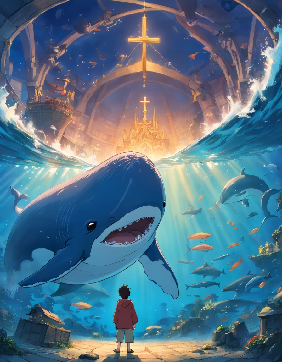 Draw a vivid scene of Jonah, Profeta de Deus, A Moment of Desperate Prayer in the Huge Belly of a Giant Whale.
Jonas ajoelhou-se molhado, Terreno escorregadio, Iluminado pela luz fraca que entra da boca da baleia.
He's wearing tattered clothes，Facial features radiate pain and humility.intrincado、alto detalhe、Dramatics、（volumeric lighting：1.2）Tiroteio HDR。（Close-up，Super Deep Vision，ultra-grande angular，Microfocal length lens：1.2）（realista：1.4）tmasterpiece、alta qualidade、Fotografia bonita
Perto de: Jonas, The inner walls of whales are rough, moist texture, Some kind of marine debris is visible.
Jonah raised his hand in prayer, tear in the eyes, For His Word is addressed to God.
A figura da baleia gigante paira sobre Jonas, Show His greatness and darkness, Em contraste gritante com a pequenez e fragilidade do profeta.