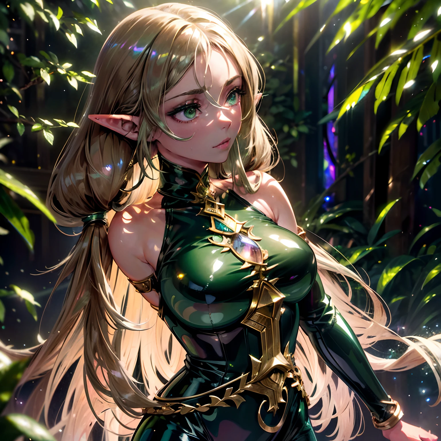 (1girl,solo),cowboy shot,standing,(blonde hair:1.6), long hair, low twintails,elf ears,(green eyes:1.2),(beautiful fingers:1.4),(perfect anatomy:1.4),(arms_behind_back:1.6),(cold_shoulder:1.4),BREAK,(green leather lace glossy silk lamé leotard:1.6),(latex luster shiny glossy metallic:1.6),(shiny_clothes:1.6),medium breasts,beautiful breasts,(thin thighs:1.2),masterpiece,best quality,(Ultra high definition eyes:1.2),8k,(Beautiful detailed eyes:1.2),(Fine and beautiful eyes:1.2),(pretty eyes:1.2),finely detail,extremely CG, absurdres,high resolution,illustration,Detailed and beautiful outlines,finely detail,high resolution,(colorful refraction:1.4,Increase saturation:1.2),beautiful lighting,dynamic lighting,closed room,black background,simple background, smile,looking at viewer,sui,suidefault,suidress,green dress,(green thigh boots:1.4)