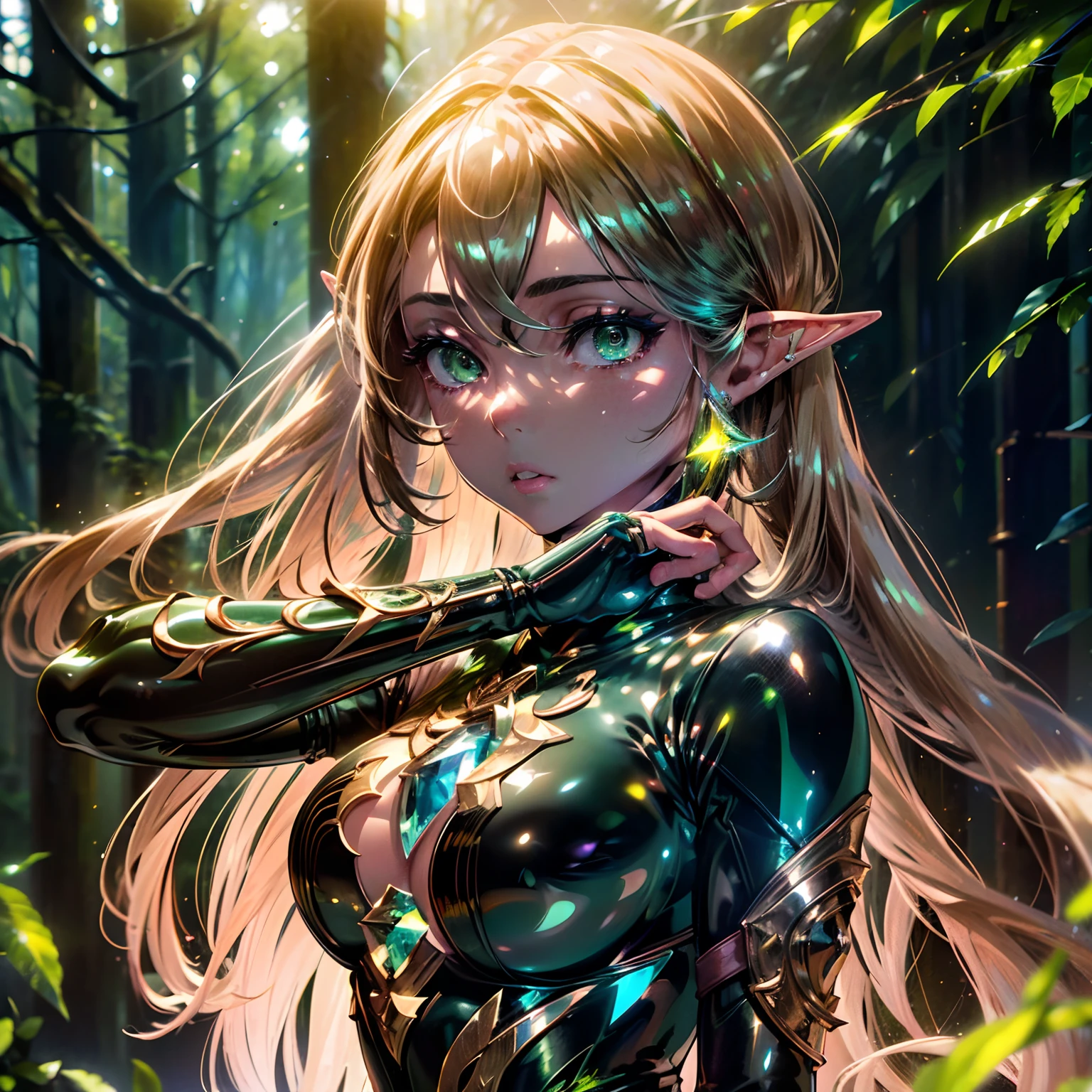 (Best Quality,4K,hight resolution),(Realistic:1.37),Ultra-detailed,Fantasy,Portraits,medieval setting,fullllbody,1 woman,Beautiful green eyes,longeyelashes,Elven facial features,Brown hair,2 pigtails,Black leather pants,Dark green tunic,Brown Leather Armor,Leather Bracer,Vivid colors,Bokeh,Soft lighting