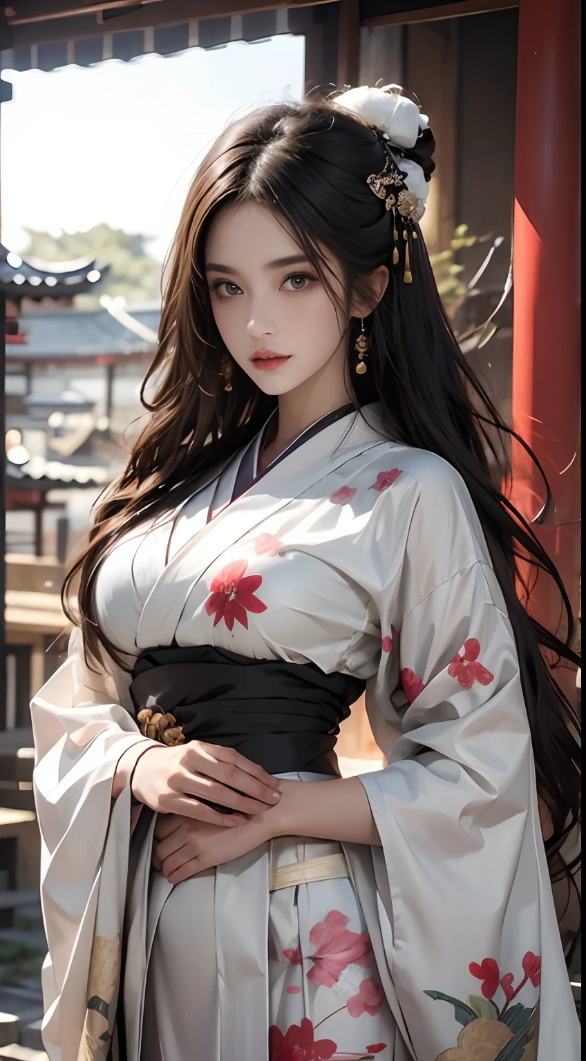 Historic Buildings in Japan、Wearing a white kimono、Unreal Engine:1.4,nffsw,best qualtiy:1.4, Photorealista:1.4, Skin Texture:1.4, ​masterpiece:1.8, 1 Women, hips up high, beautidful eyes, The long-haired, Ringed Eyes, jewely, The tattoo, Kimono