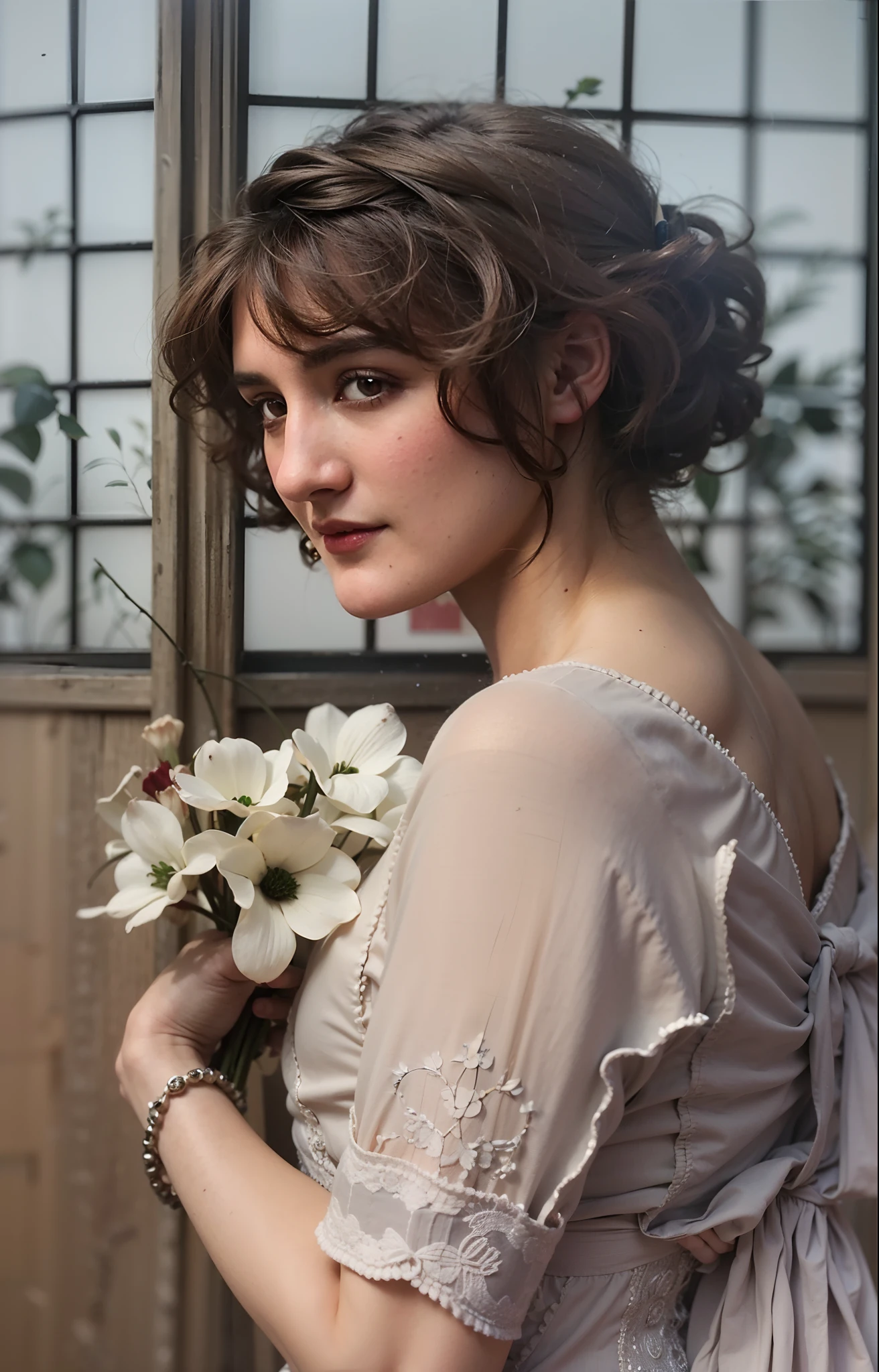 there is a woman in a dress holding a bouquet of flowers, autochrome pearl portrait, hand - tinted, colourized, colourised, inspired by Ada Gladys Killins, 1 9 1 0 s style, inspired by Laura Theresa Alma-Tadema, inspired by Lawrence Alma-Tadema, art nouveau portrait, colorized photo, High quality image, masterpiece, detailed hair texture, detailed skin texture, detailed cloth texture, 8k, add fabric details, ultra detailed skin texture, ultra detailed photo, skin pores, cloth details, high skin details, realistic hair details