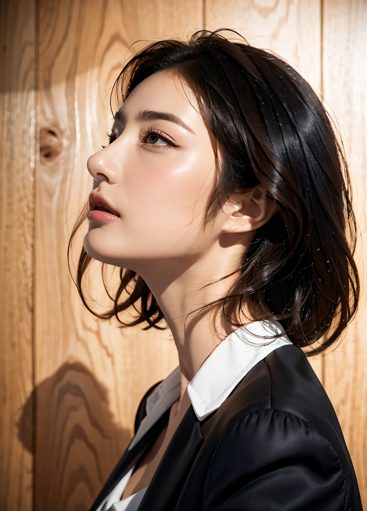there is a woman in a black jacket and white shirt, side portrait imagery, elegant profile pose, elegant profile posing, side profile portrait, Smooth short hair - back hair, side profile centered portrait, side profile cenetered portrait, prominent jawline, attractive neck, sharp cheekbones, high quality portrait, a close up portrait photo, Thick jawline, Slightly clear jawline