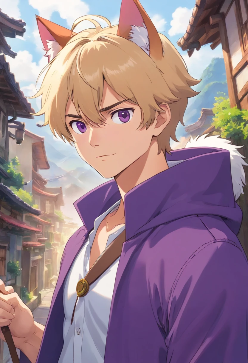 Purple coat, one male, cat ears, long hair, blond, blond hair, green eyes, tall, muscular, white shirt, beautiful face, highest quality, masterpiece, 2d, anime, perfect face, highest detail, feline eyes, stubble, cat tail, wavy hair, cowboy shot, detailed face, intricate details, blushing, nervous,