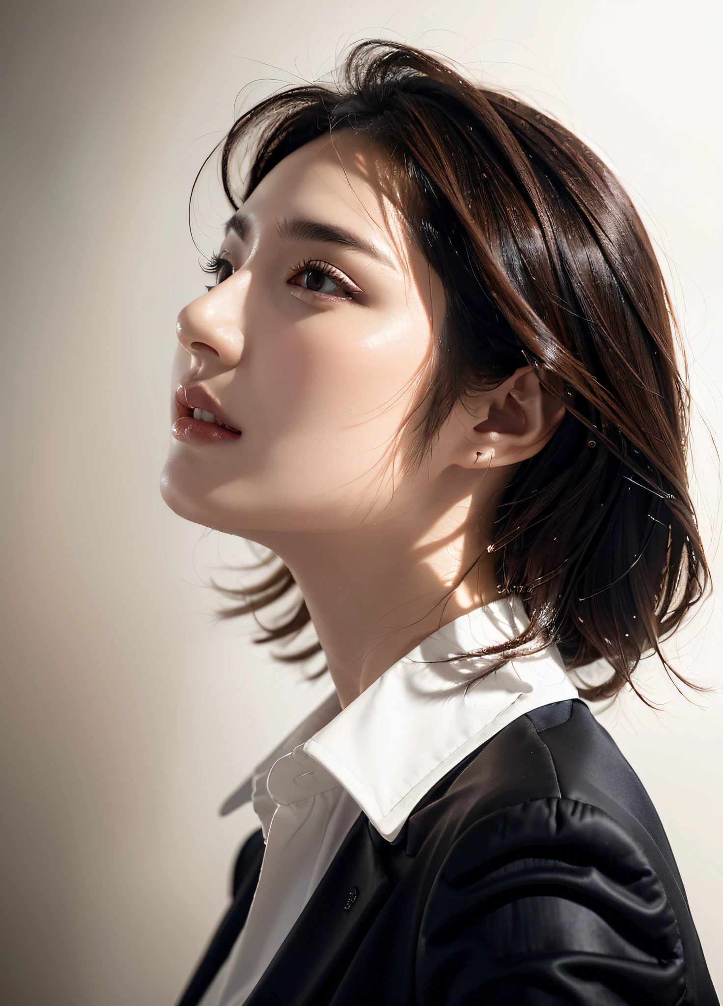 there is a woman in a black jacket and white shirt, side portrait imagery, elegant profile pose, elegant profile posing, side profile portrait, Smooth short hair - back hair, side profile centered portrait, side profile cenetered portrait, prominent jawline, attractive neck, sharp cheekbones, high quality portrait, a close up portrait photo, Thick jawline, Slightly clear jawline